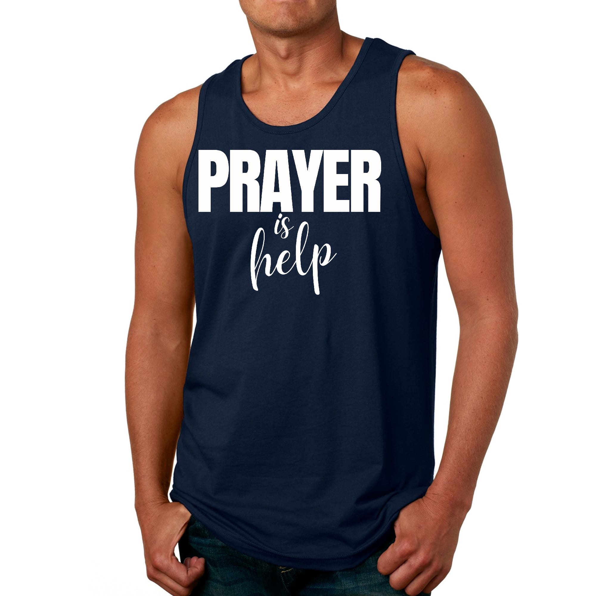 Men's Fitness Tank Top featuring the quote 'Prayer is Help' in a stylish graphic design, made from soft preshrunk cotton.