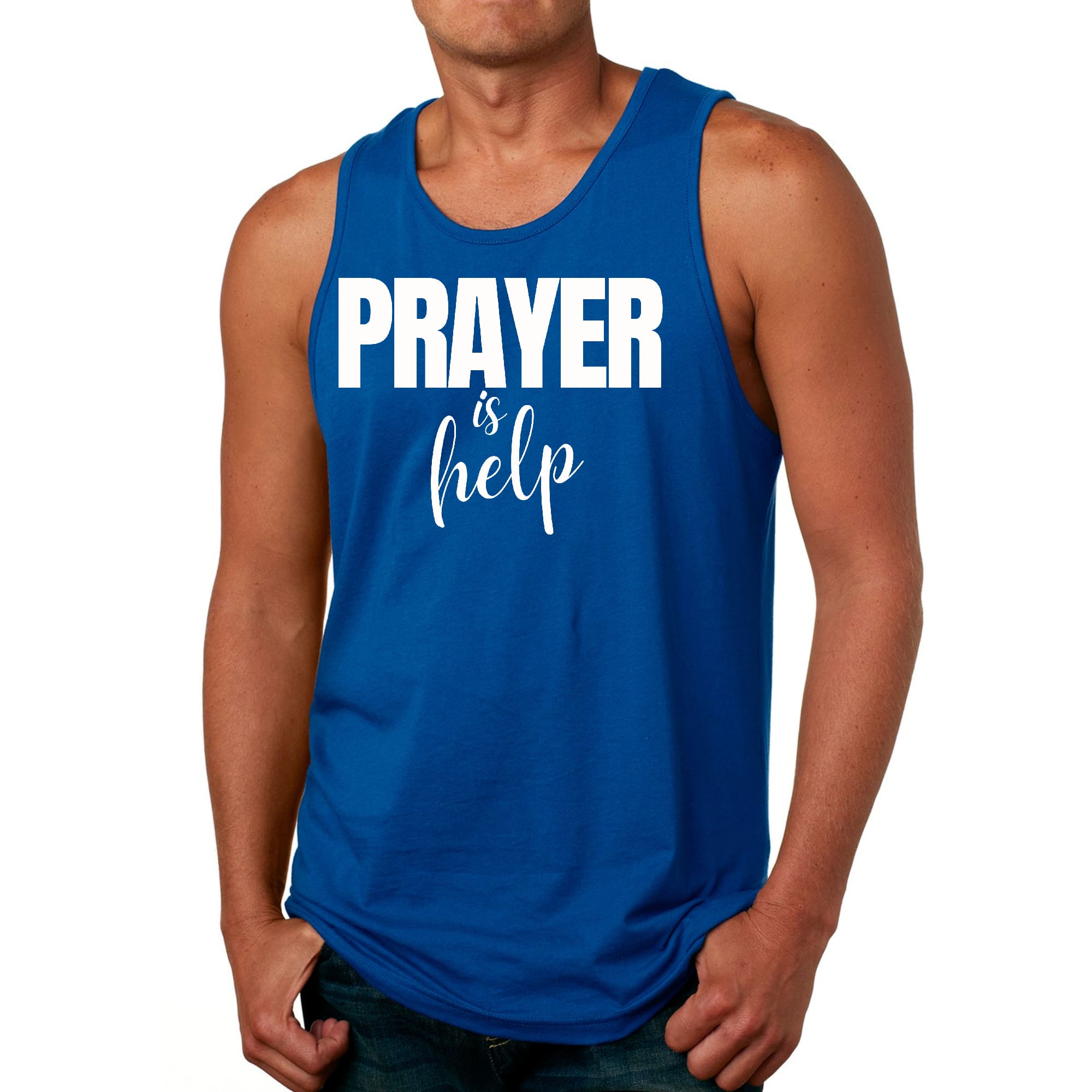 Men's Fitness Tank Top featuring the quote 'Prayer is Help' in a stylish graphic design, made from soft preshrunk cotton.