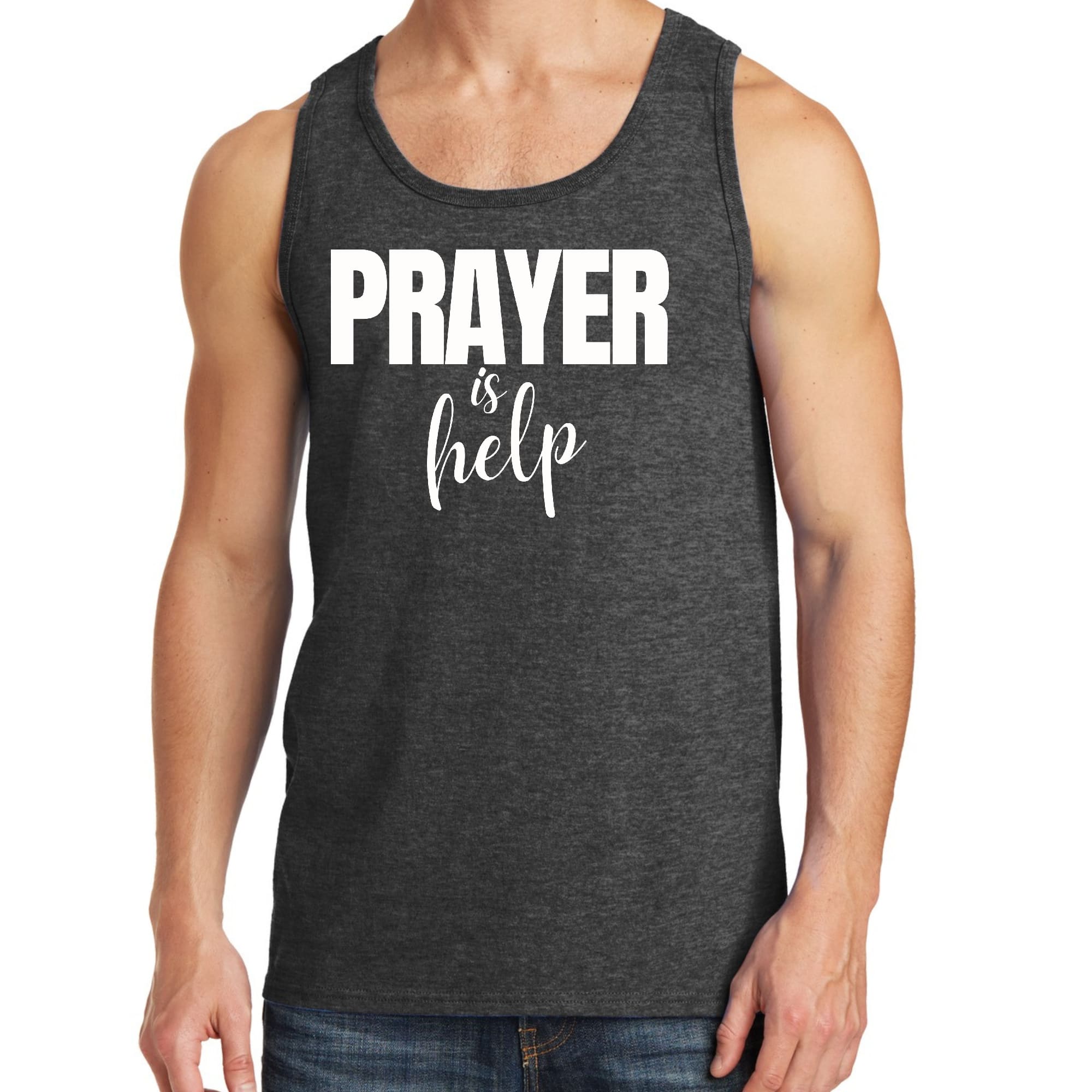 Men's Fitness Tank Top featuring the quote 'Prayer is Help' in a stylish graphic design, made from soft preshrunk cotton.