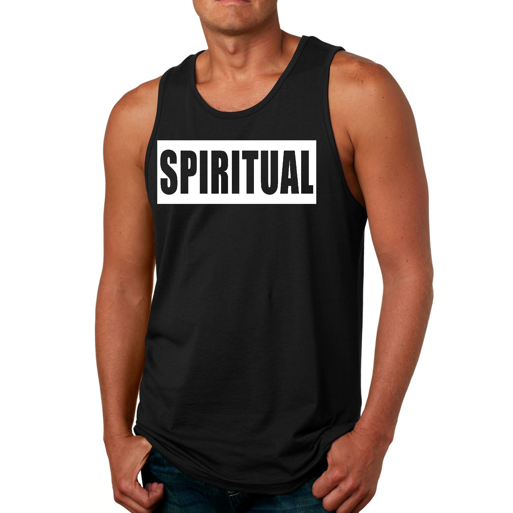 Men's Fitness Tank Top Graphic T-shirt in spiritual white colorblock design, showcasing soft cotton fabric and stylish graphic.