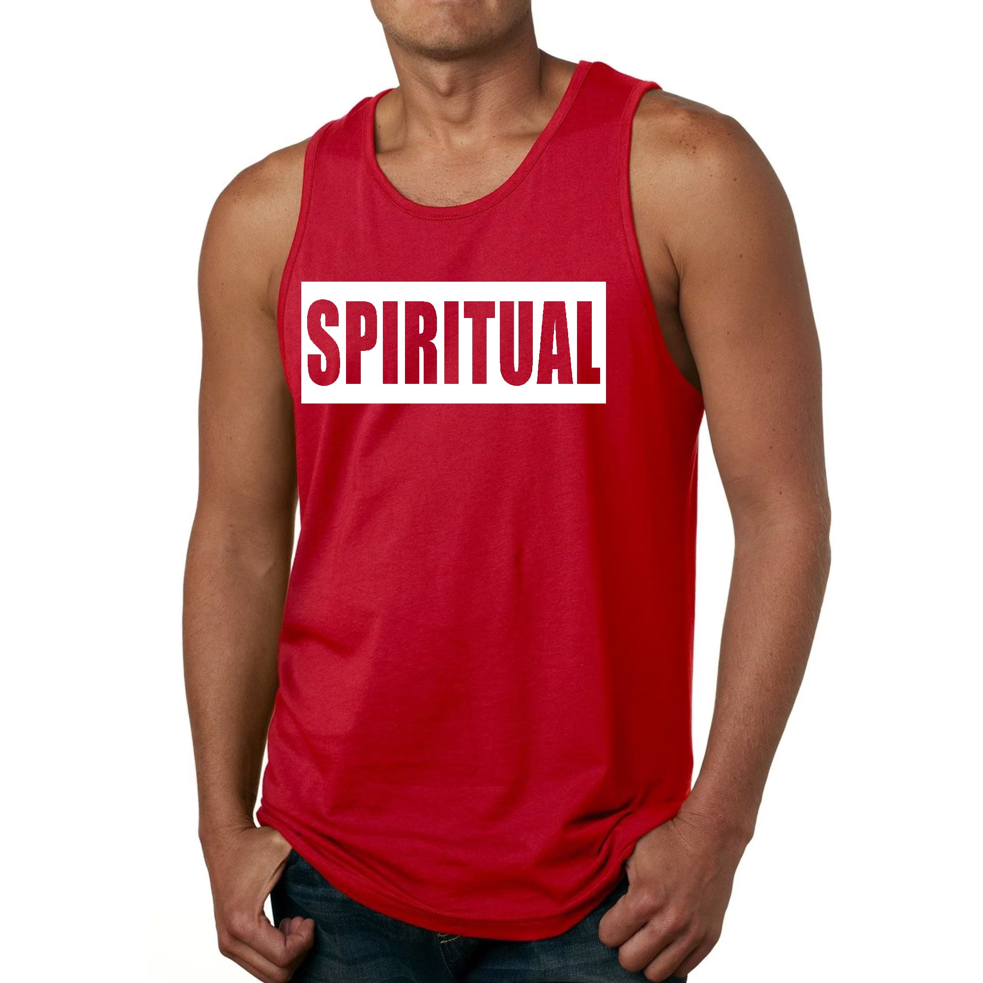 Men's Fitness Tank Top Graphic T-shirt in spiritual white colorblock design, showcasing soft cotton fabric and stylish graphic.