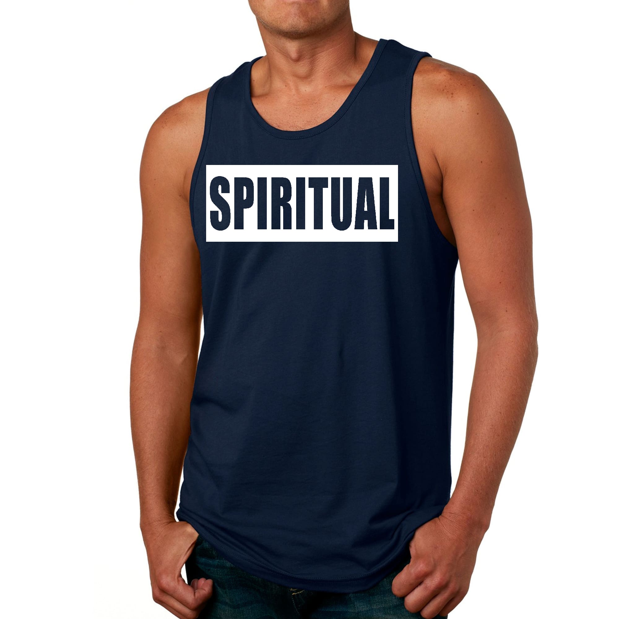 Men's Fitness Tank Top Graphic T-shirt in spiritual white colorblock design, showcasing soft cotton fabric and stylish graphic.