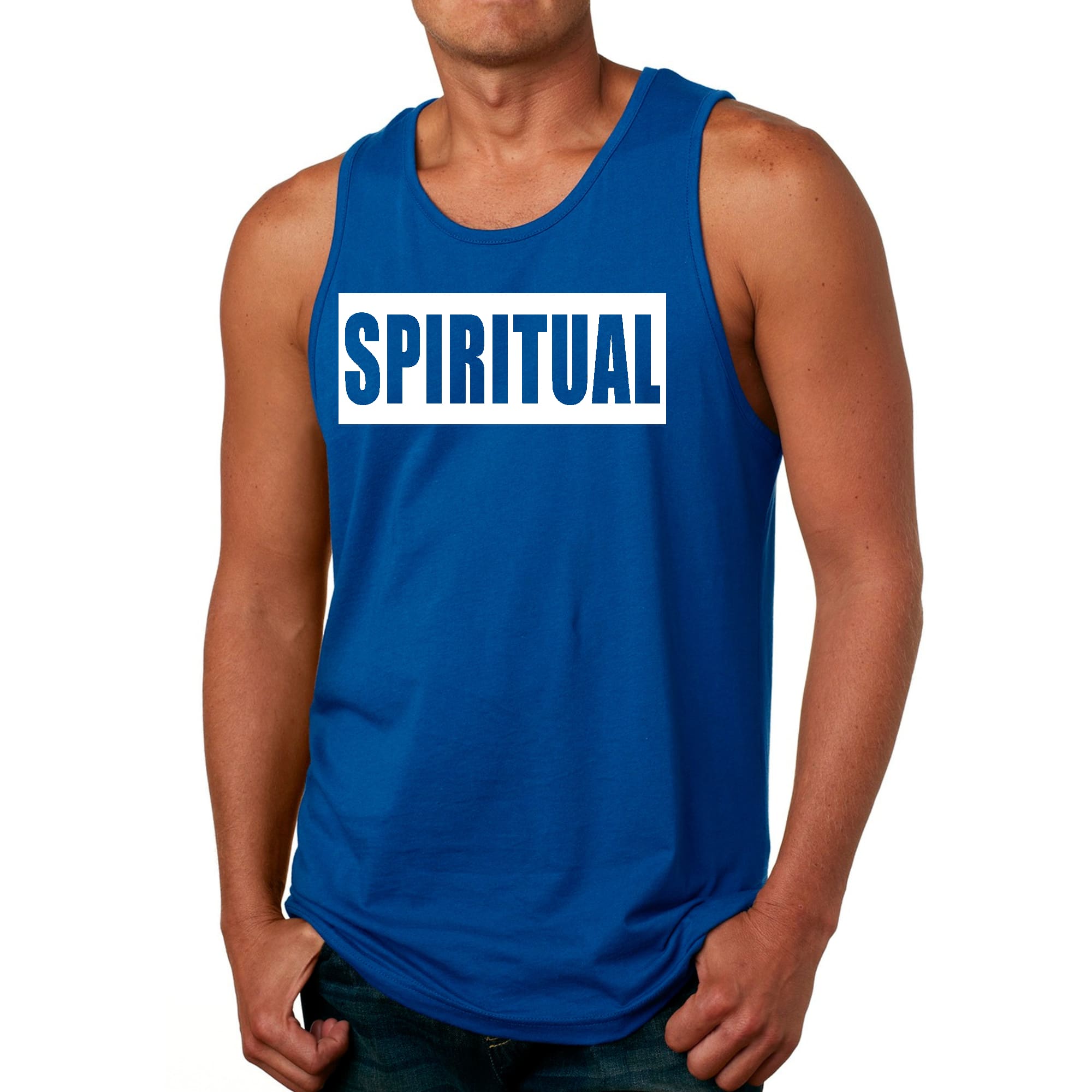 Men's Fitness Tank Top Graphic T-shirt in spiritual white colorblock design, showcasing soft cotton fabric and stylish graphic.