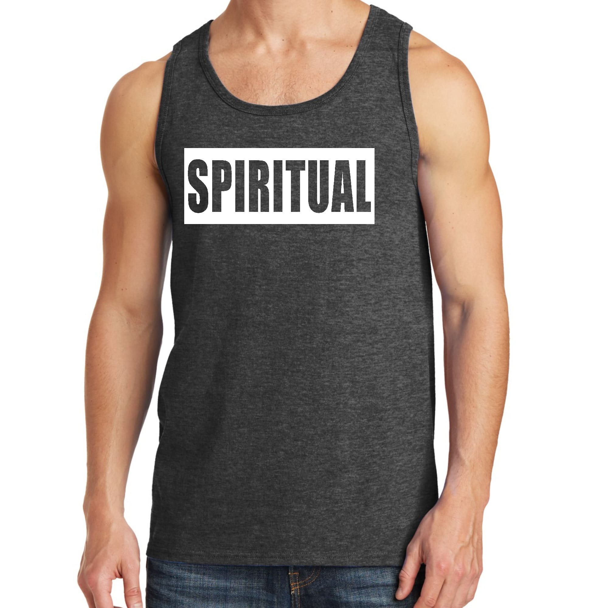 Men's Fitness Tank Top Graphic T-shirt in spiritual white colorblock design, showcasing soft cotton fabric and stylish graphic.