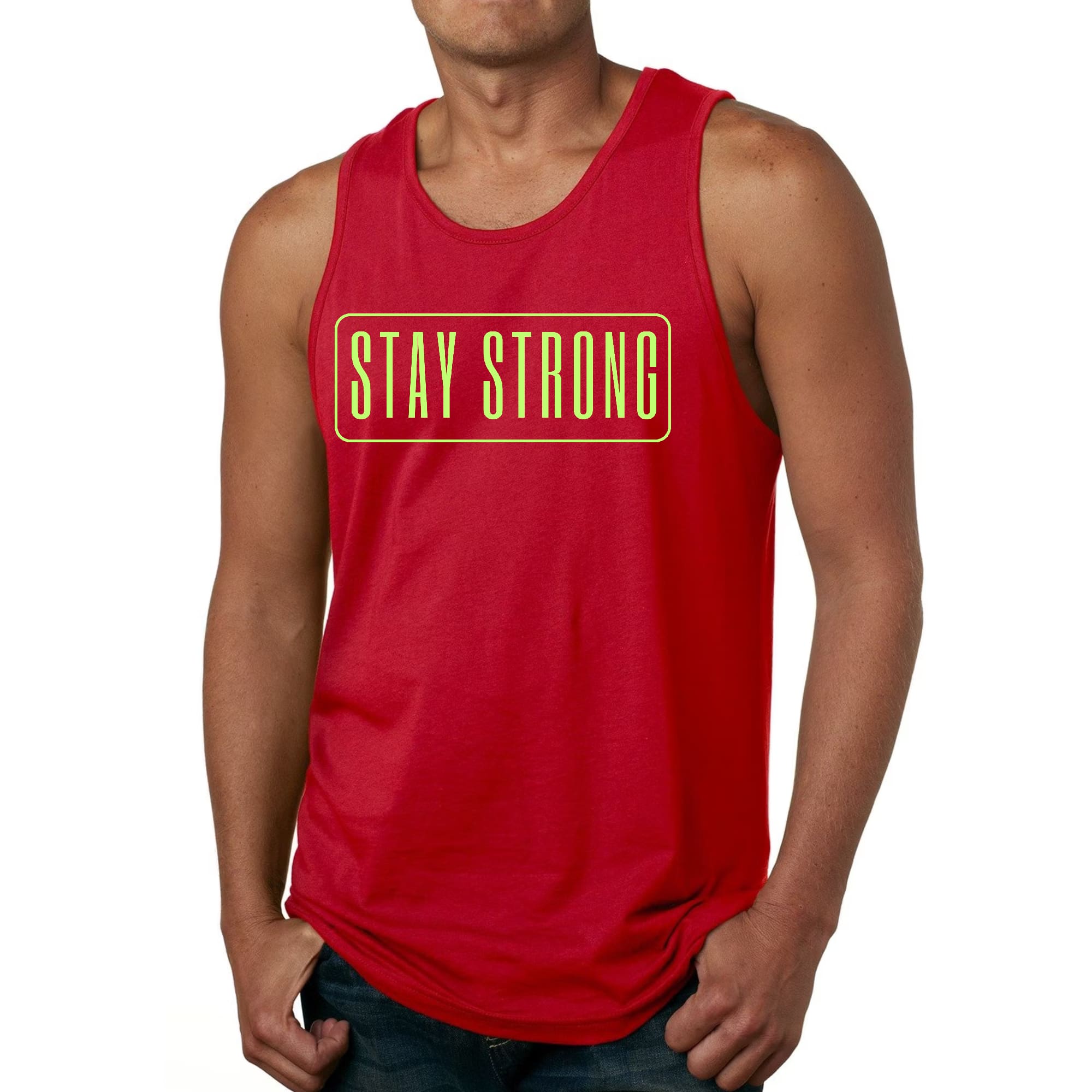 Men's Fitness Tank Top in neon print with 'Stay Strong' graphic, made from soft preshrunk cotton, ideal for workouts.