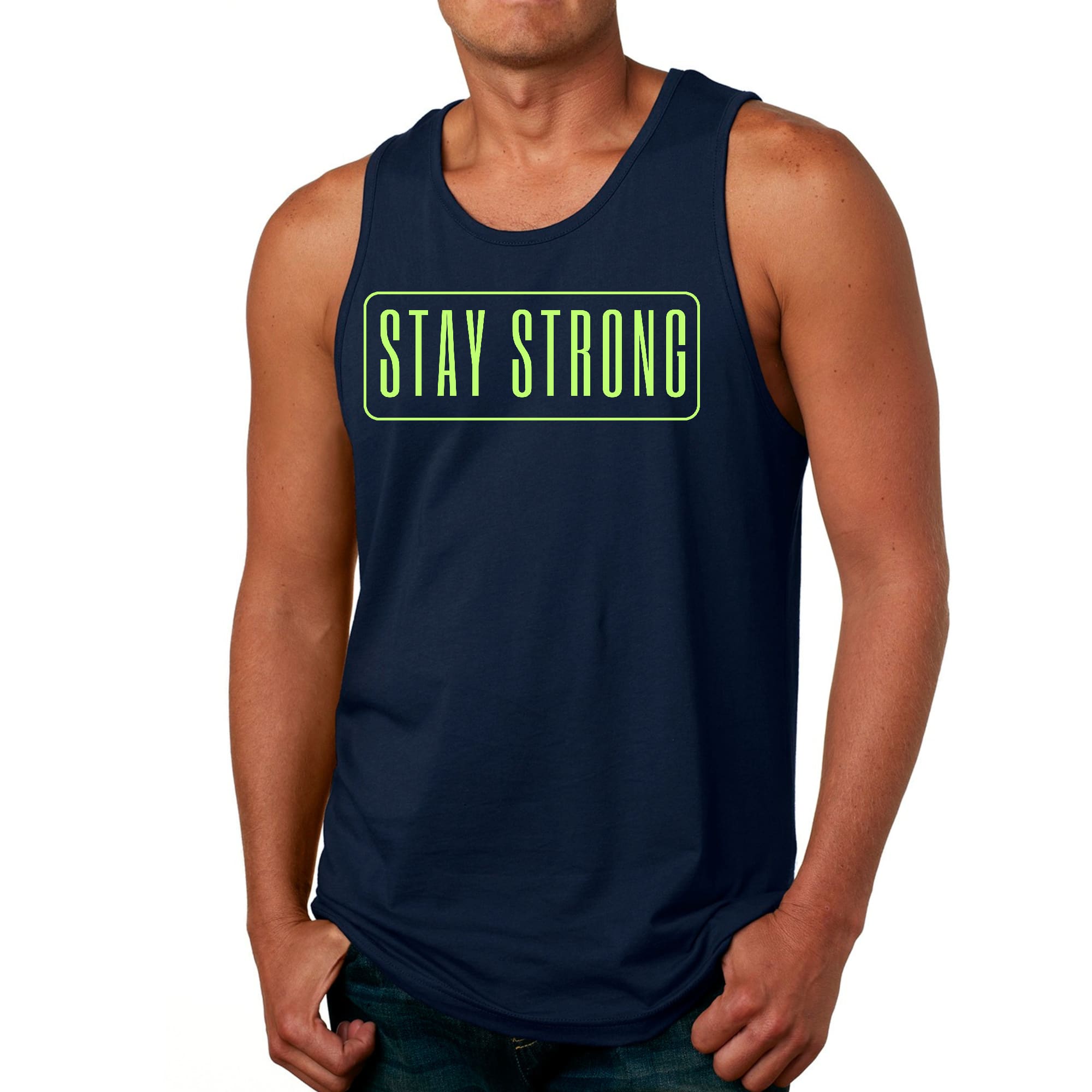 Men's Fitness Tank Top in neon print with 'Stay Strong' graphic, made from soft preshrunk cotton, ideal for workouts.