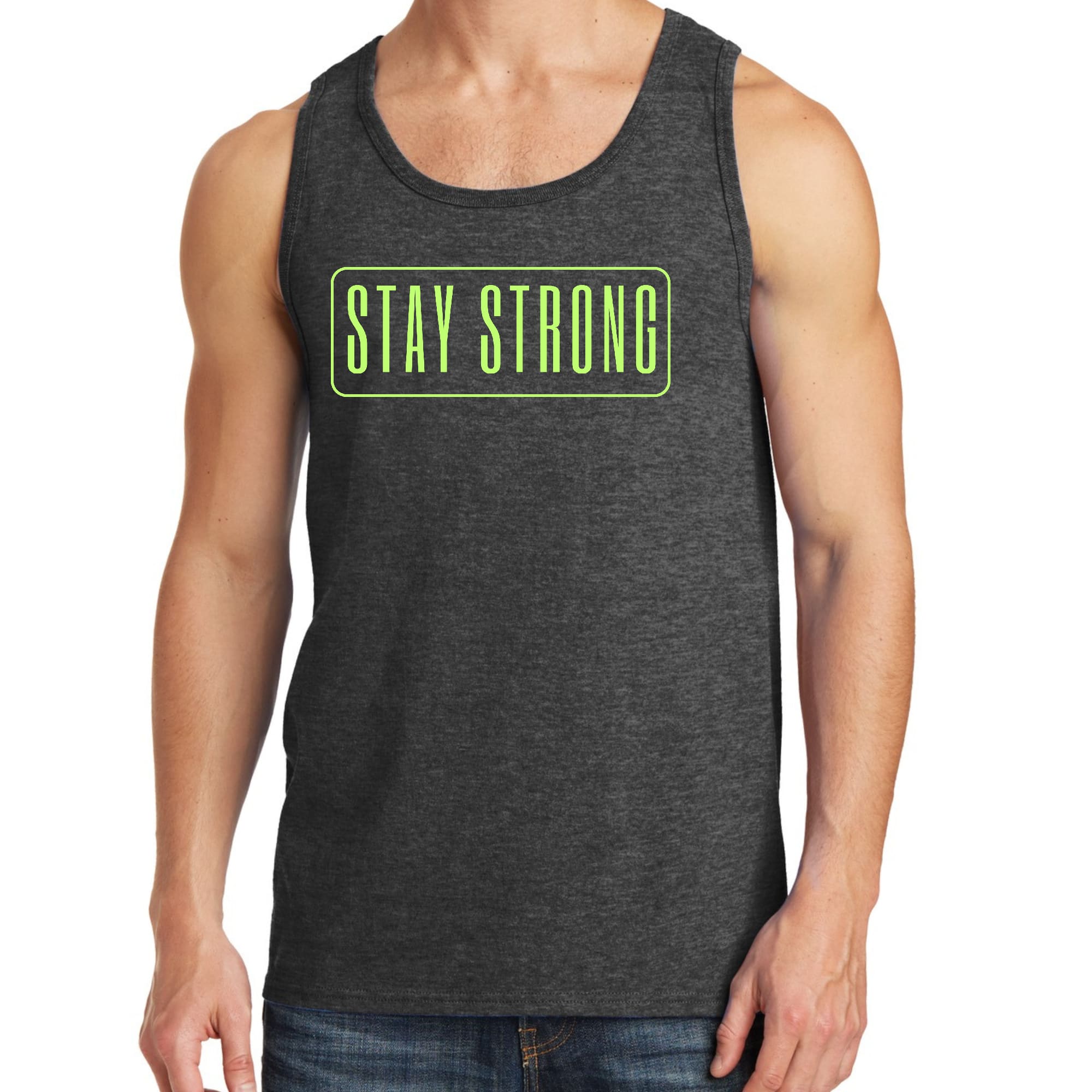 Men's Fitness Tank Top in neon print with 'Stay Strong' graphic, made from soft preshrunk cotton, ideal for workouts.