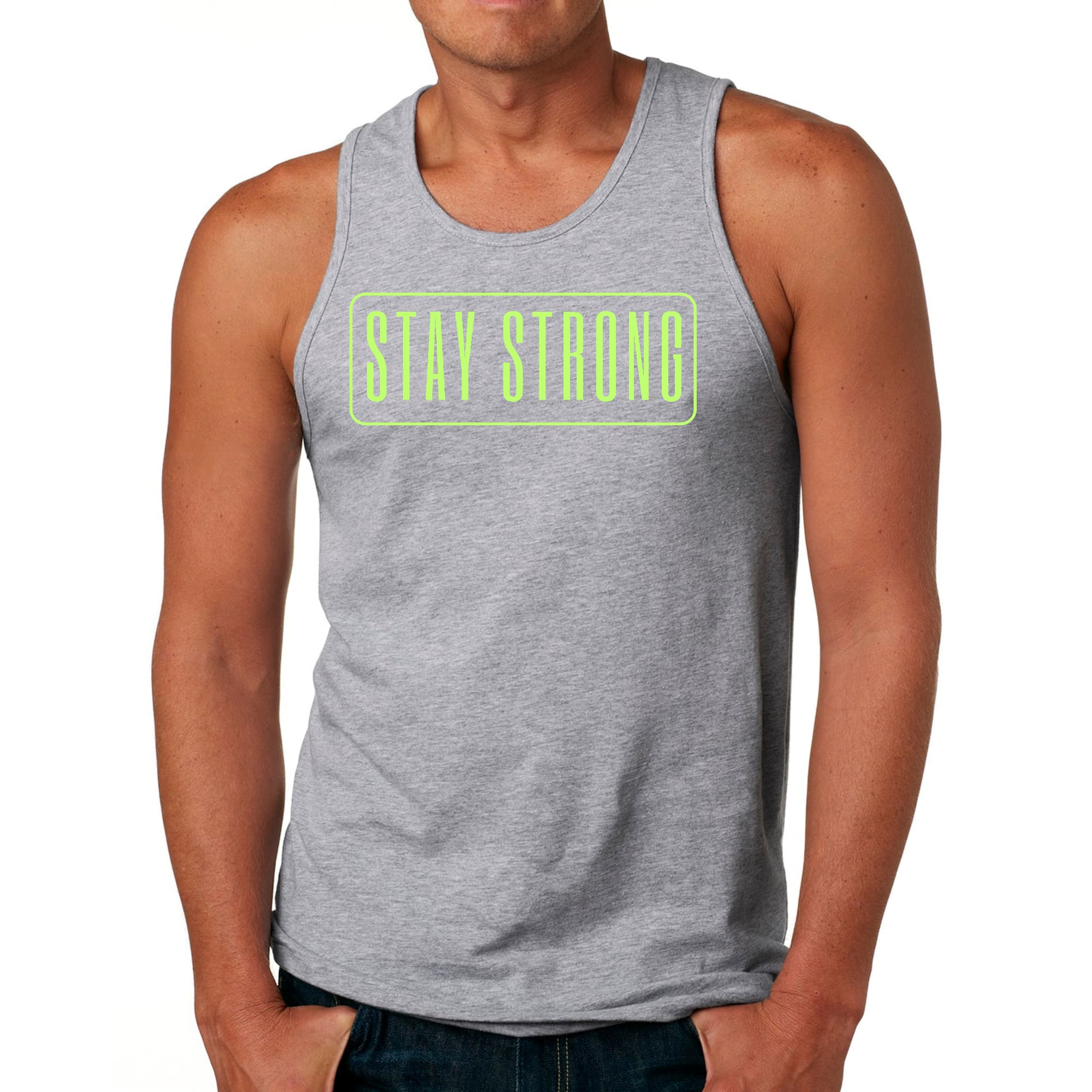 Men's Fitness Tank Top in neon print with 'Stay Strong' graphic, made from soft preshrunk cotton, ideal for workouts.