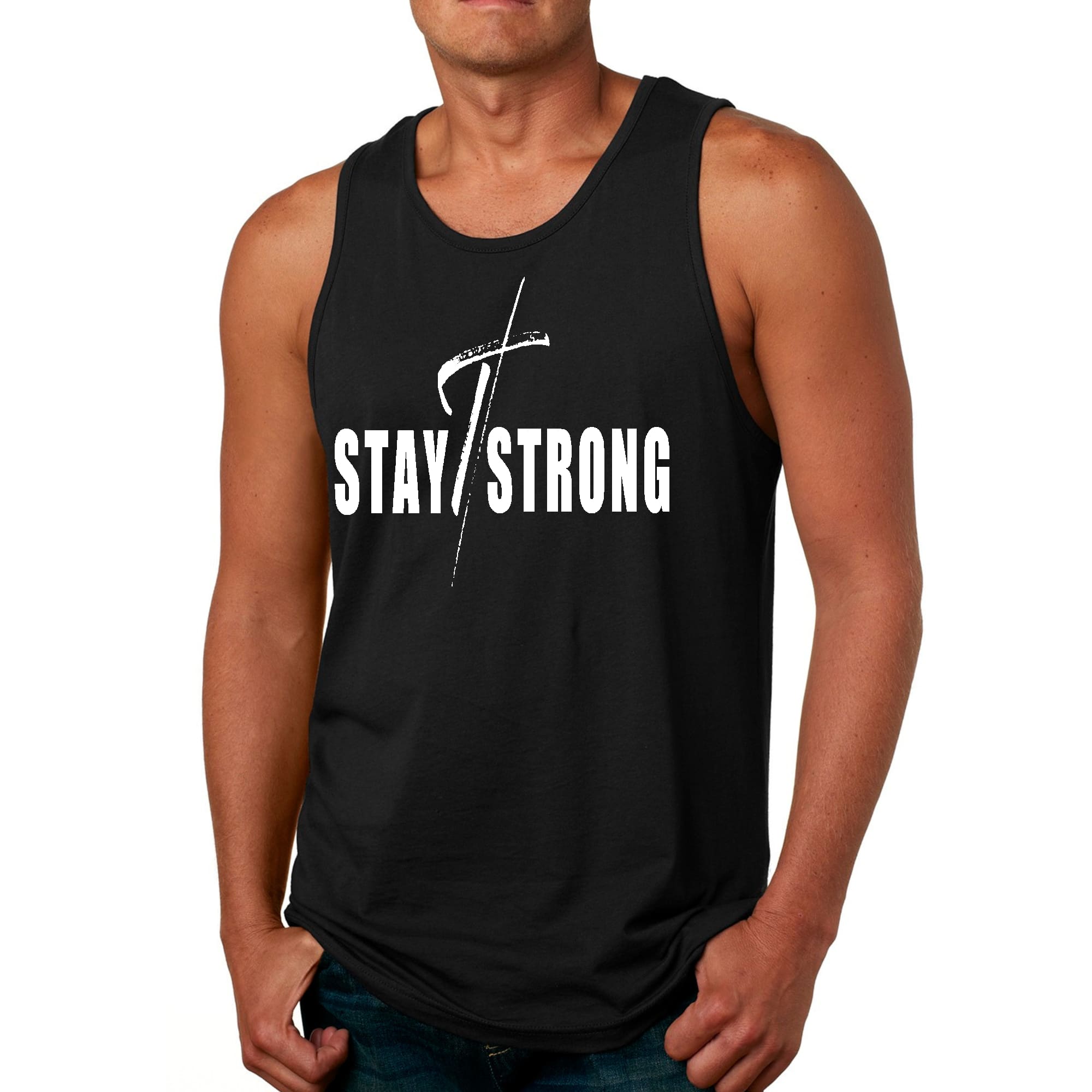 Men's Fitness Tank Top in white featuring a motivational cross graphic design, made from soft preshrunk cotton for comfort during workouts.