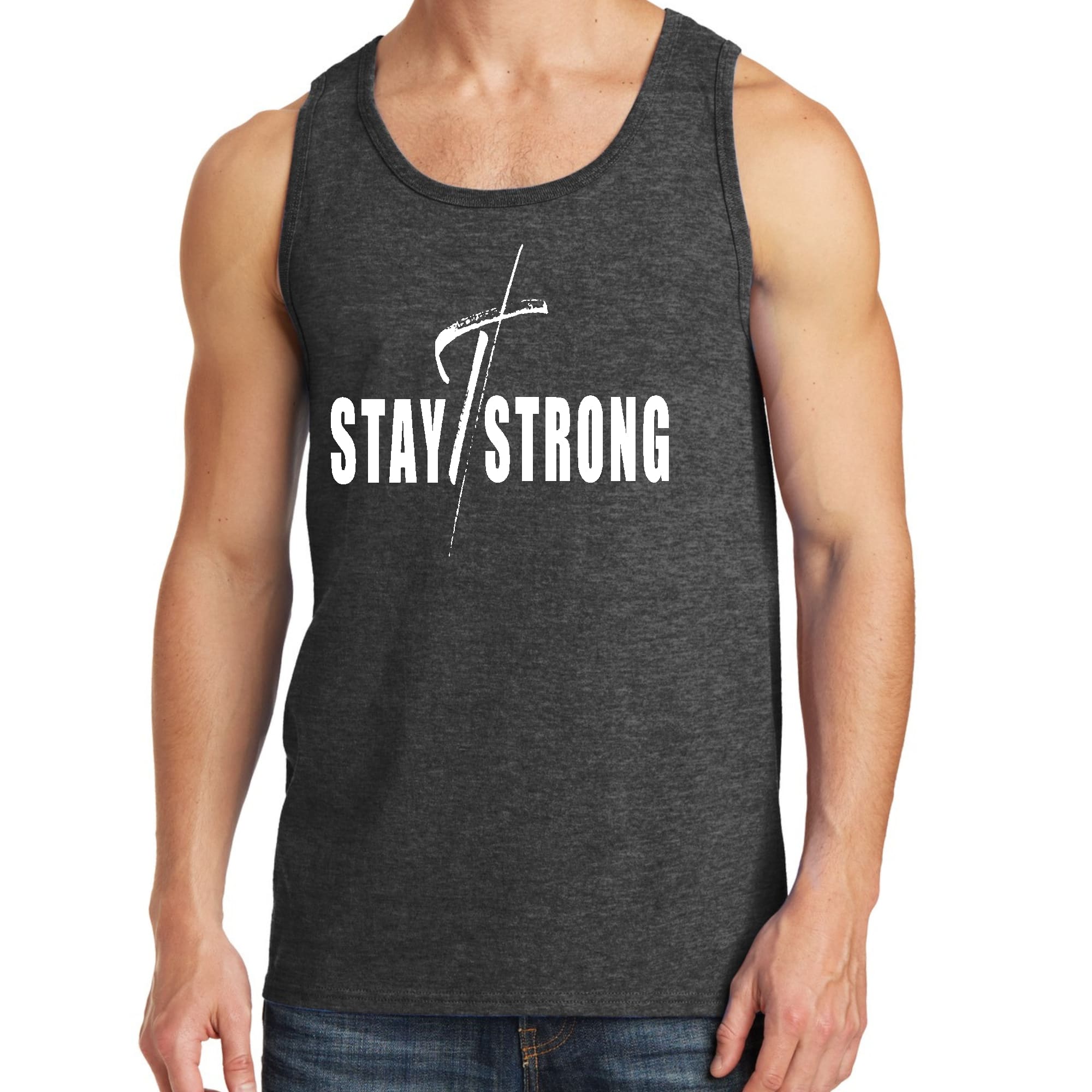 Men's Fitness Tank Top in white featuring a motivational cross graphic design, made from soft preshrunk cotton for comfort during workouts.