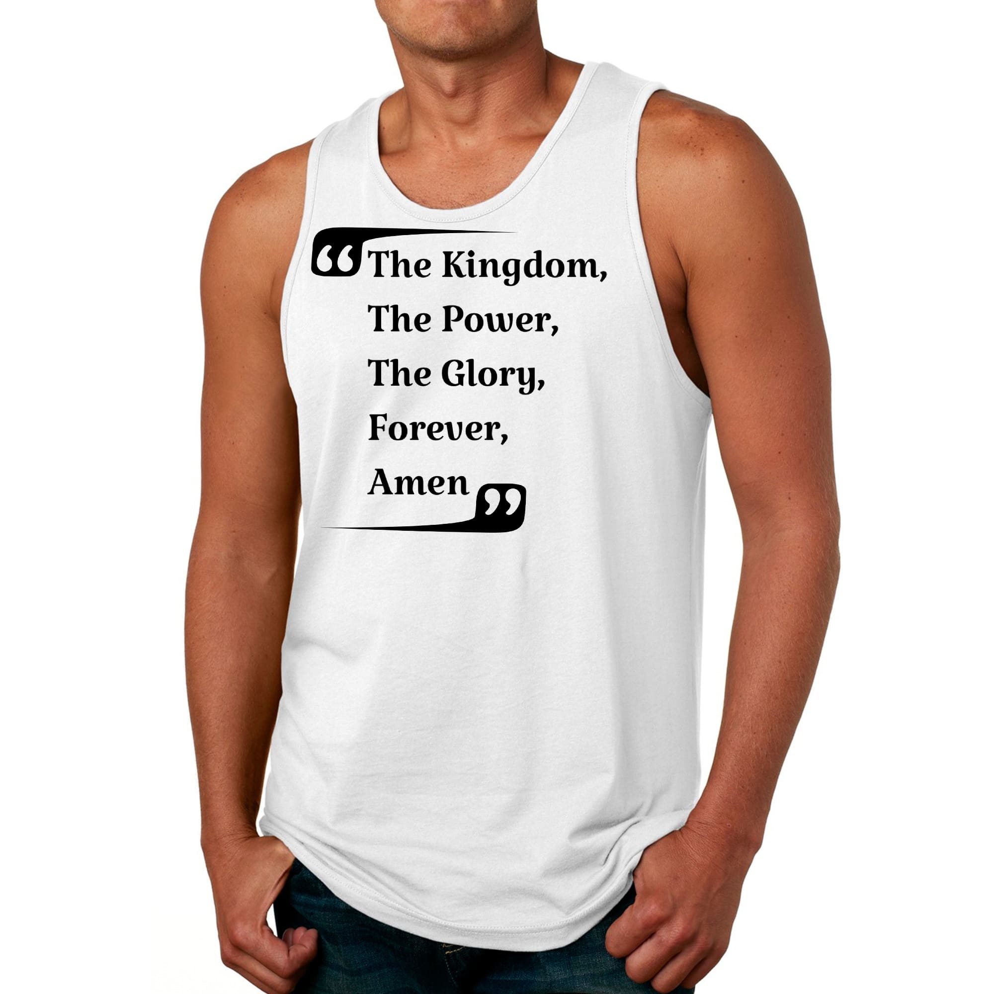 Men's fitness tank top featuring a graphic design with the phrase 'The Kingdom The Power The Glory Forever Amen' on a soft cotton fabric.