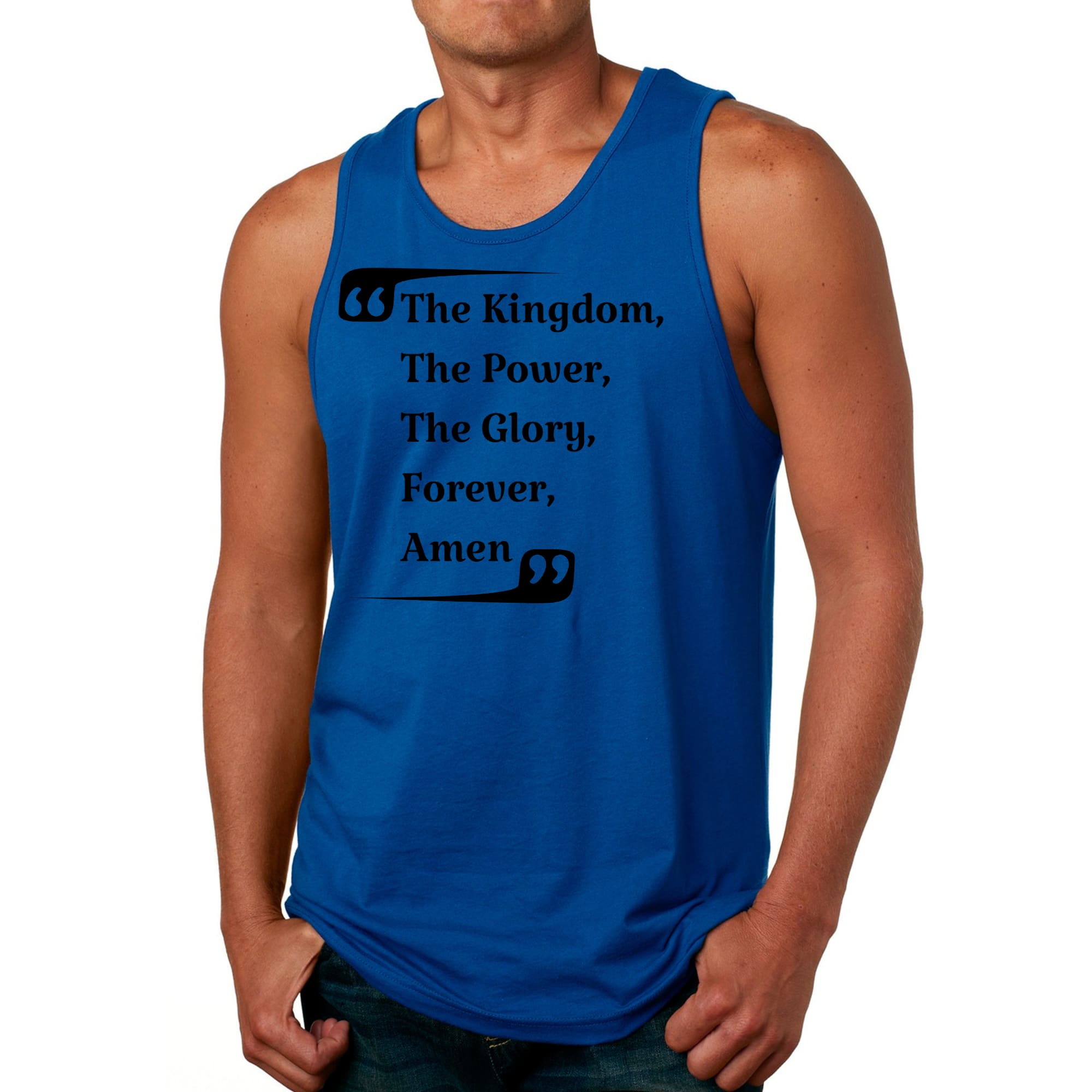 Men's fitness tank top featuring a graphic design with the phrase 'The Kingdom The Power The Glory Forever Amen' on a soft cotton fabric.