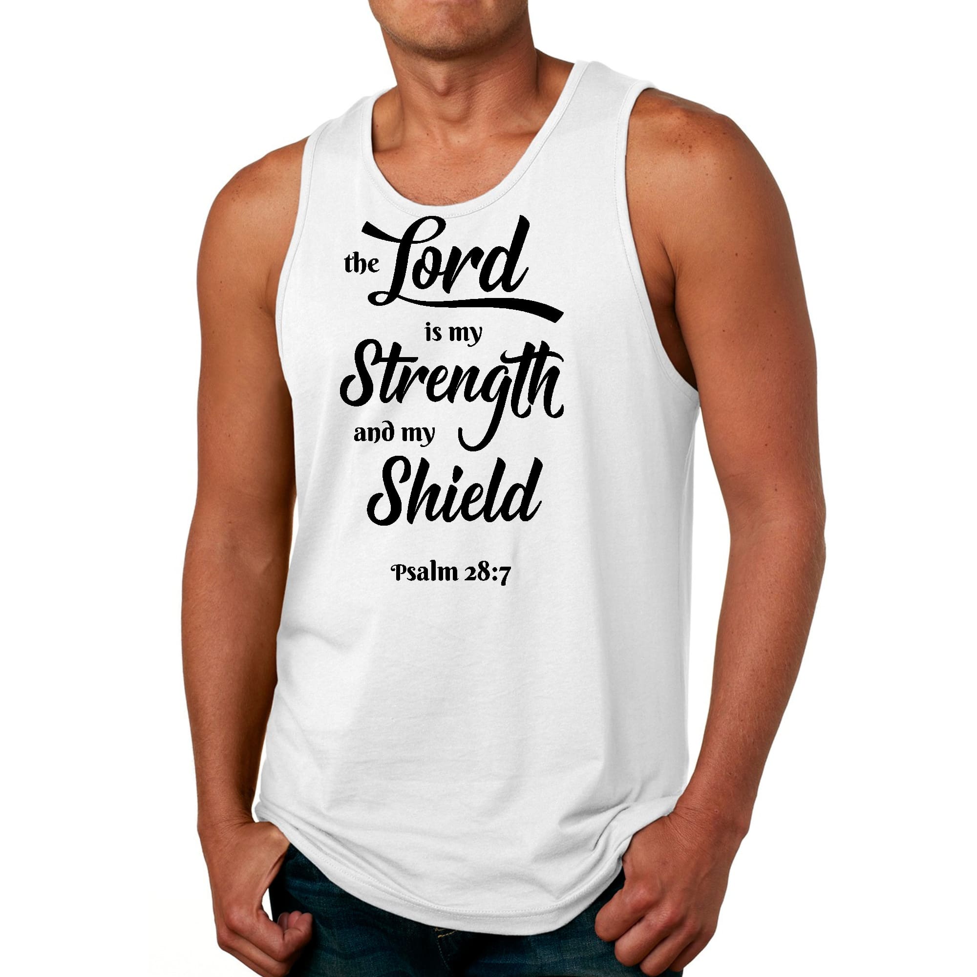 Men's fitness tank top featuring 'The Lord is My Strength' graphic in black print on a comfortable preshrunk cotton fabric.