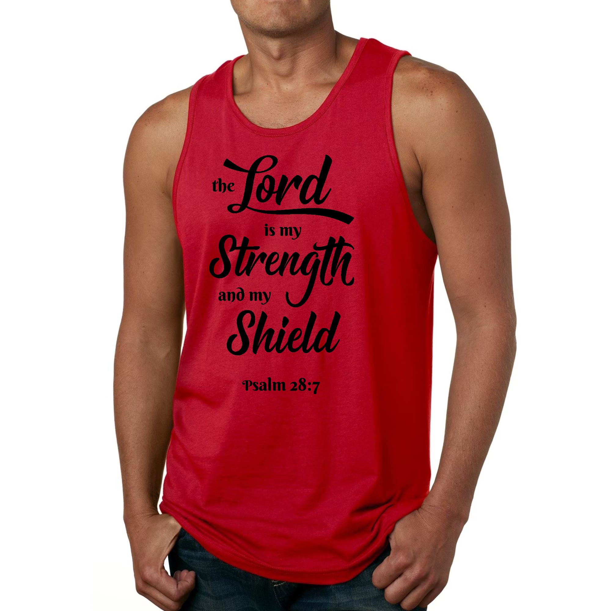 Men's fitness tank top featuring 'The Lord is My Strength' graphic in black print on a comfortable preshrunk cotton fabric.