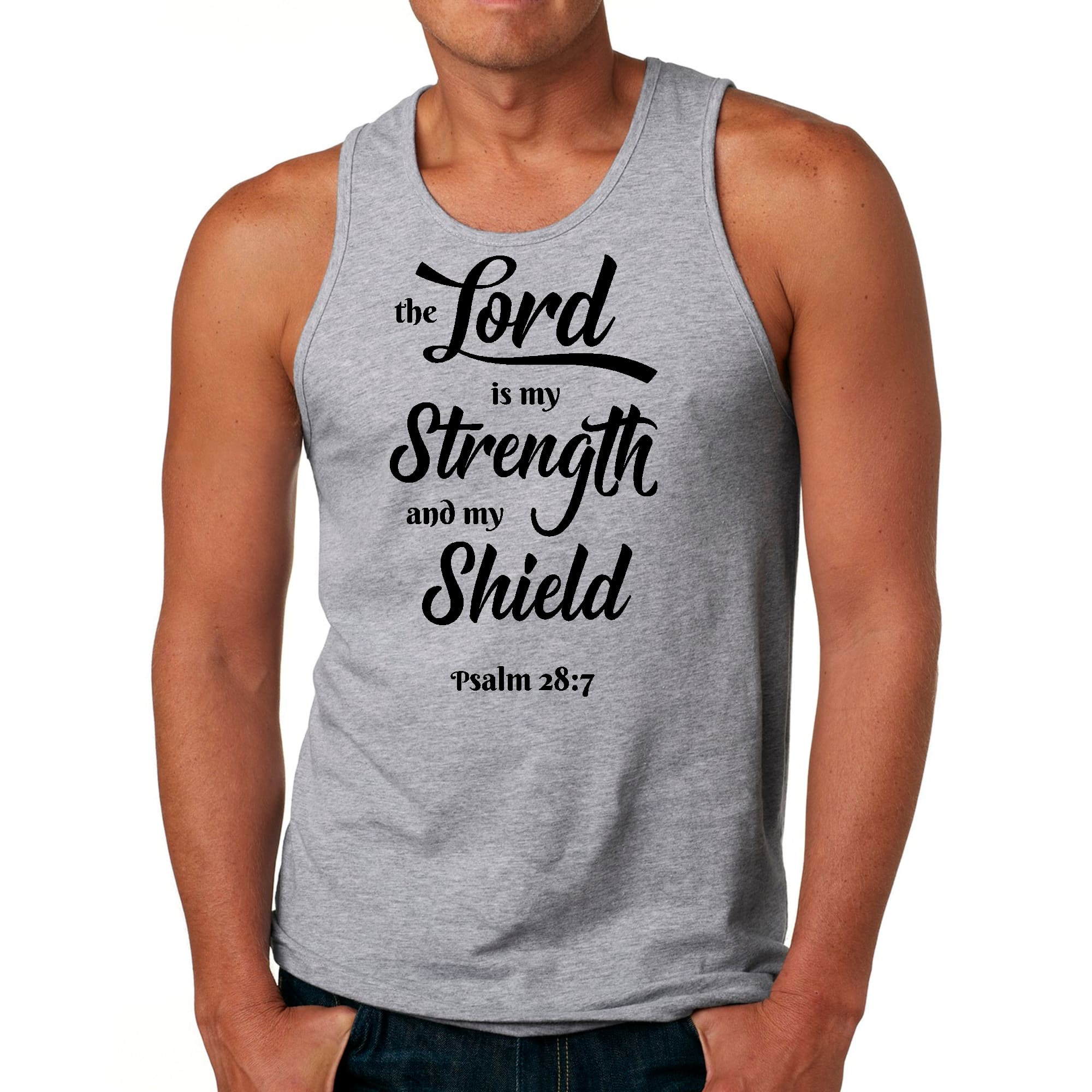 Men's fitness tank top featuring 'The Lord is My Strength' graphic in black print on a comfortable preshrunk cotton fabric.