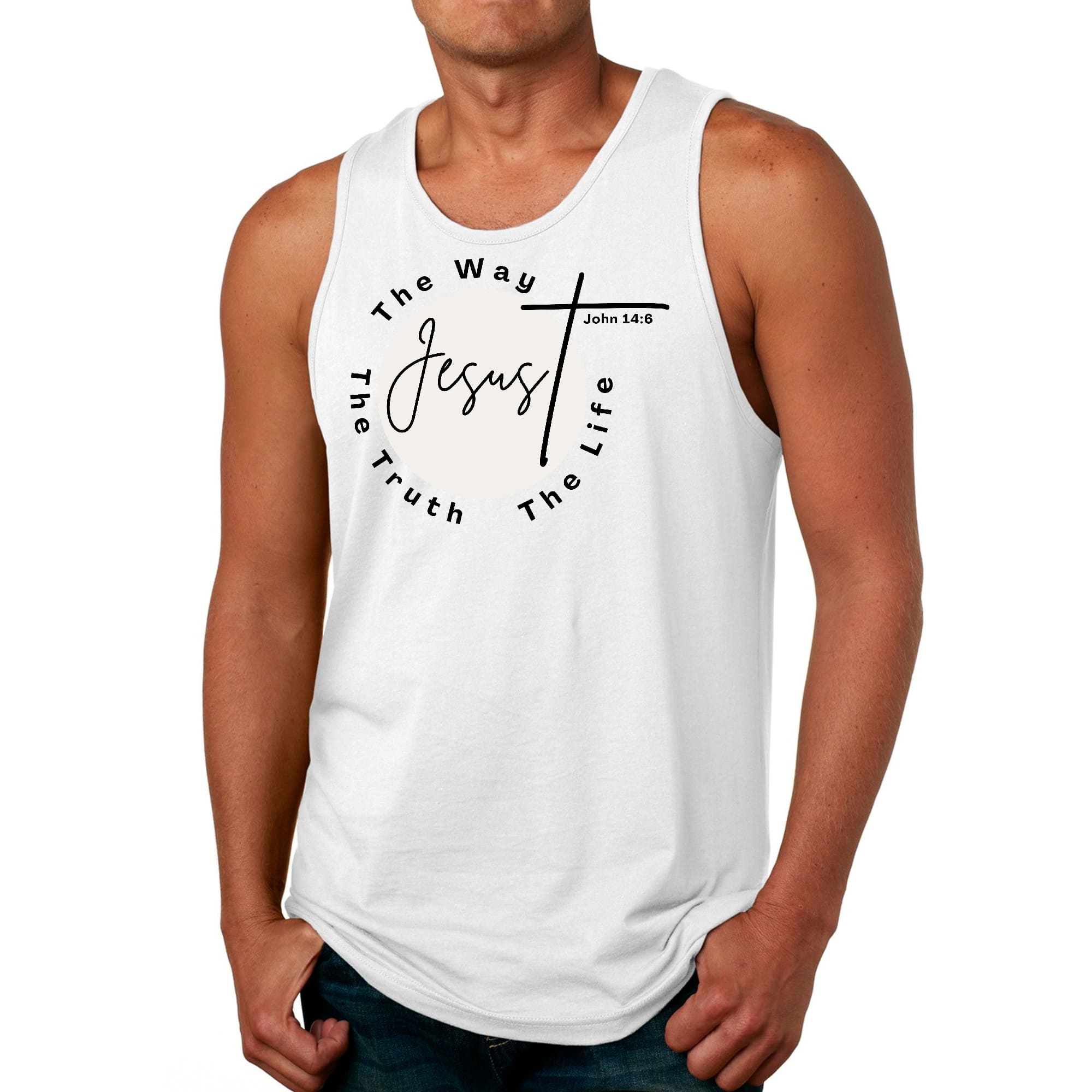 Men's Fitness Tank Top Graphic T-shirt featuring 'The Truth The Way The Life' in a stylish design, made from soft preshrunk cotton.