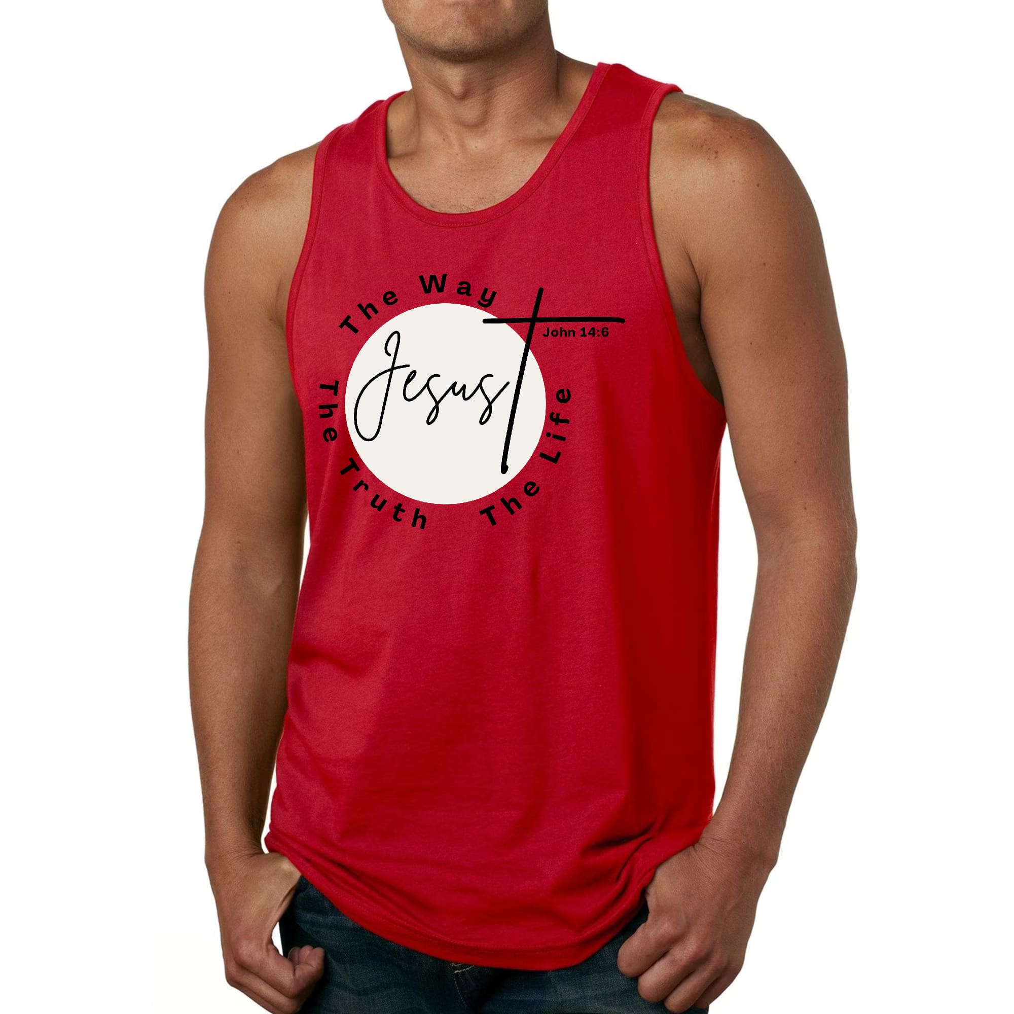 Men's Fitness Tank Top Graphic T-shirt featuring 'The Truth The Way The Life' in a stylish design, made from soft preshrunk cotton.