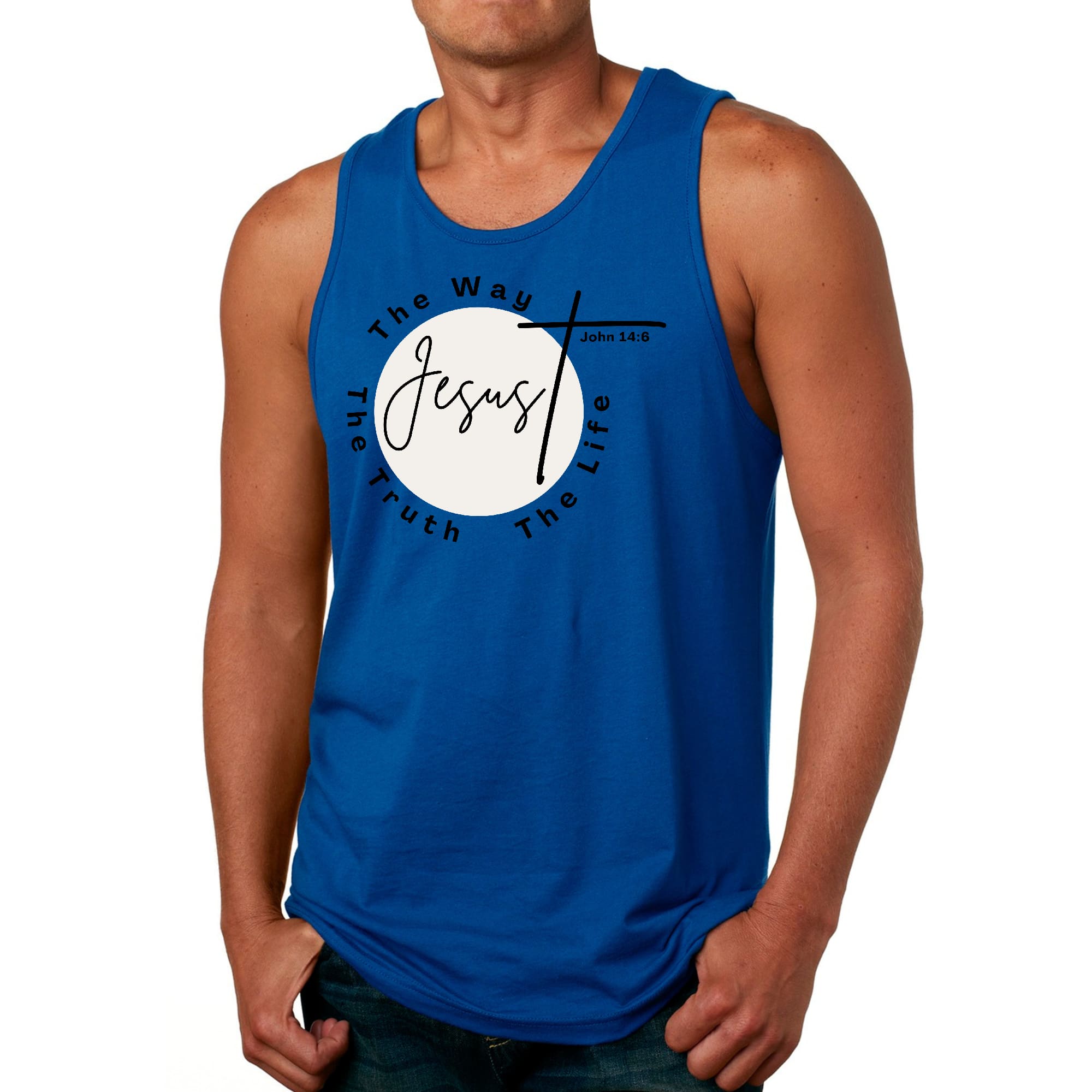 Men's Fitness Tank Top Graphic T-shirt featuring 'The Truth The Way The Life' in a stylish design, made from soft preshrunk cotton.