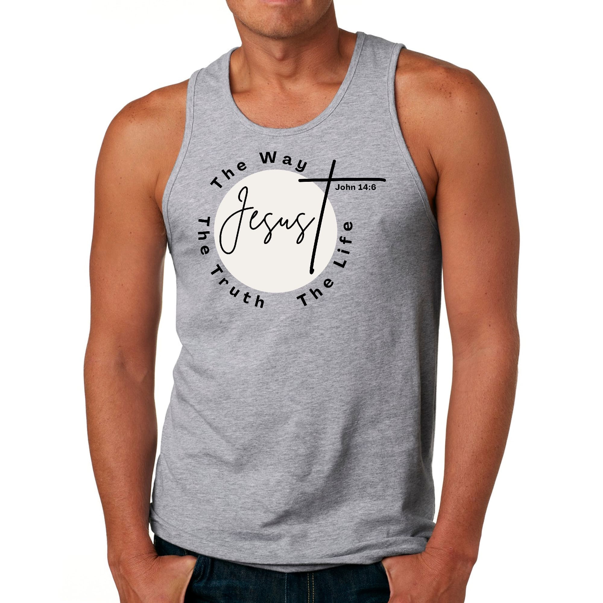 Men's Fitness Tank Top Graphic T-shirt featuring 'The Truth The Way The Life' in a stylish design, made from soft preshrunk cotton.