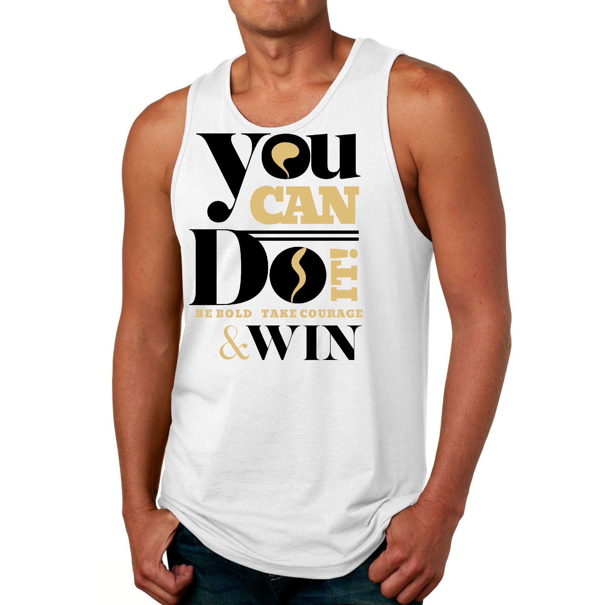 Men's Fitness Tank Top Graphic T-shirt featuring motivational text 'You Can Do It Be Bold Take Courage Win' in a stylish design.