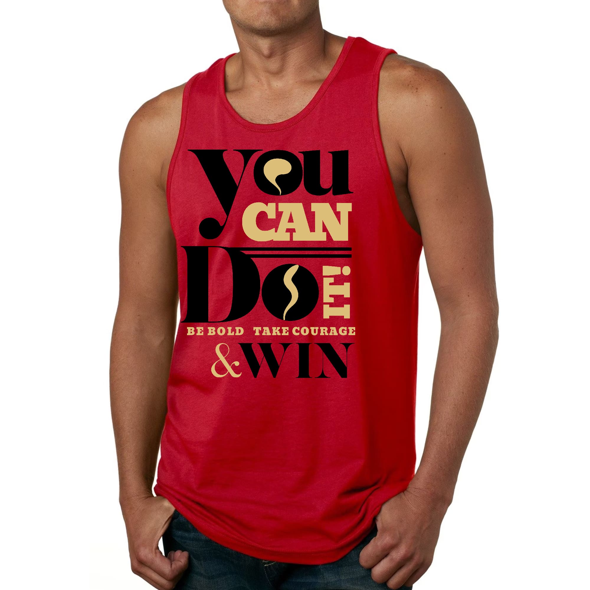 Men's Fitness Tank Top Graphic T-shirt featuring motivational text 'You Can Do It Be Bold Take Courage Win' in a stylish design.