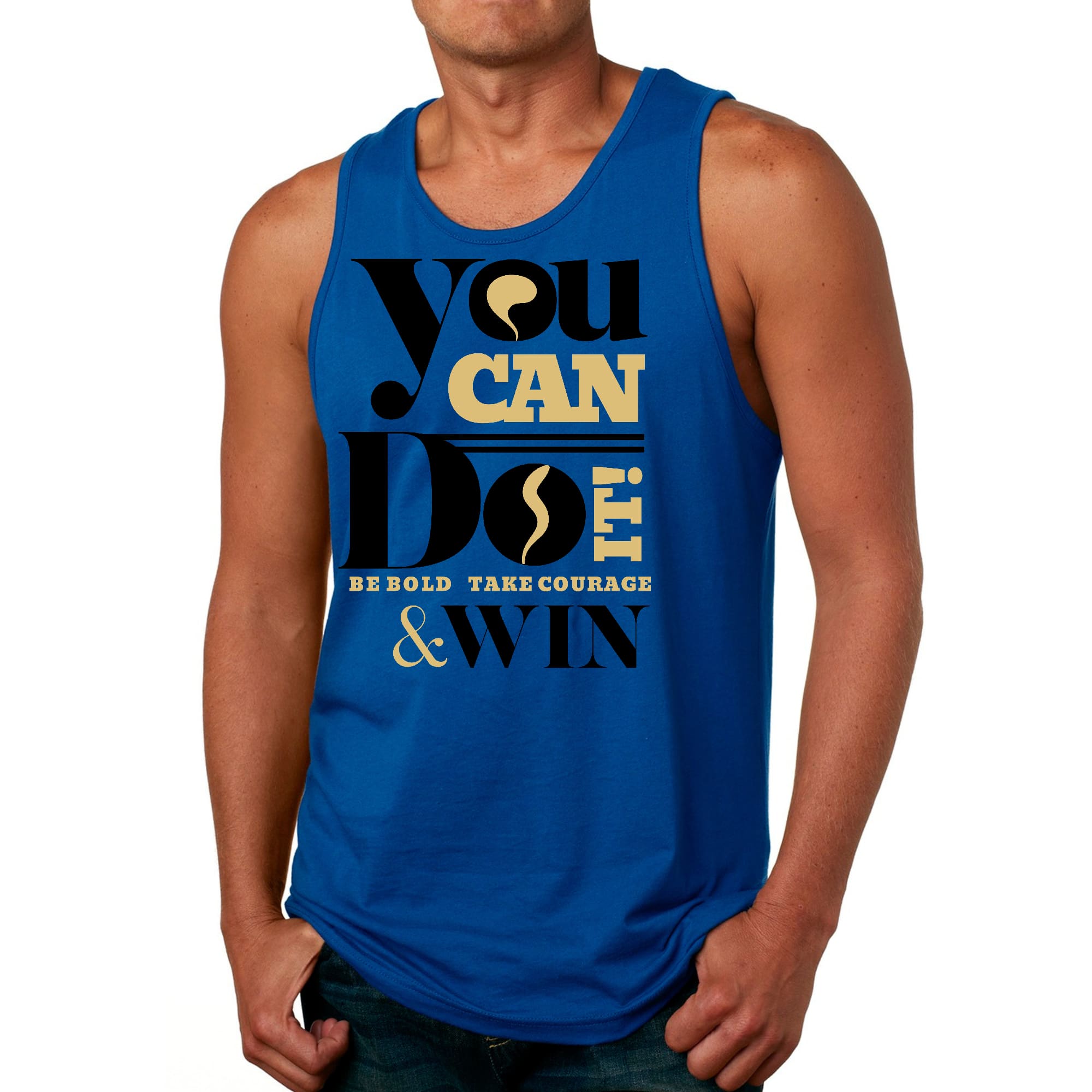 Men's Fitness Tank Top Graphic T-shirt featuring motivational text 'You Can Do It Be Bold Take Courage Win' in a stylish design.