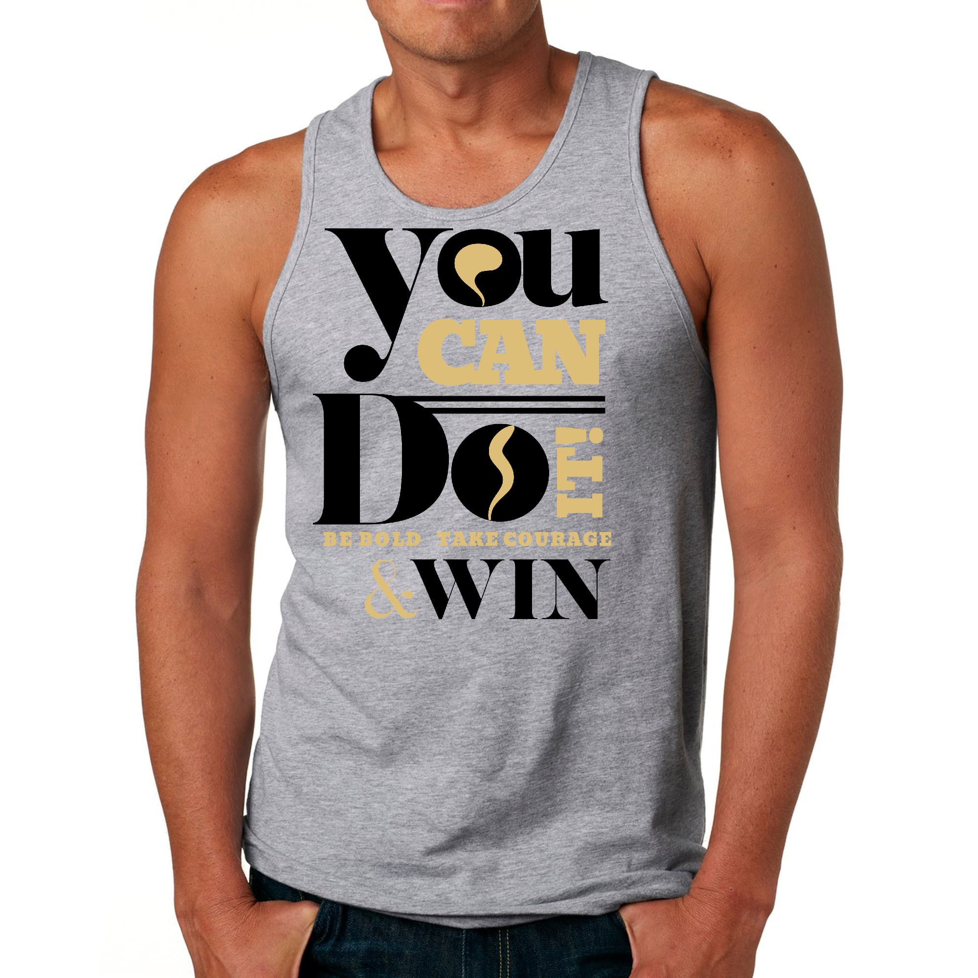 Men's Fitness Tank Top Graphic T-shirt featuring motivational text 'You Can Do It Be Bold Take Courage Win' in a stylish design.