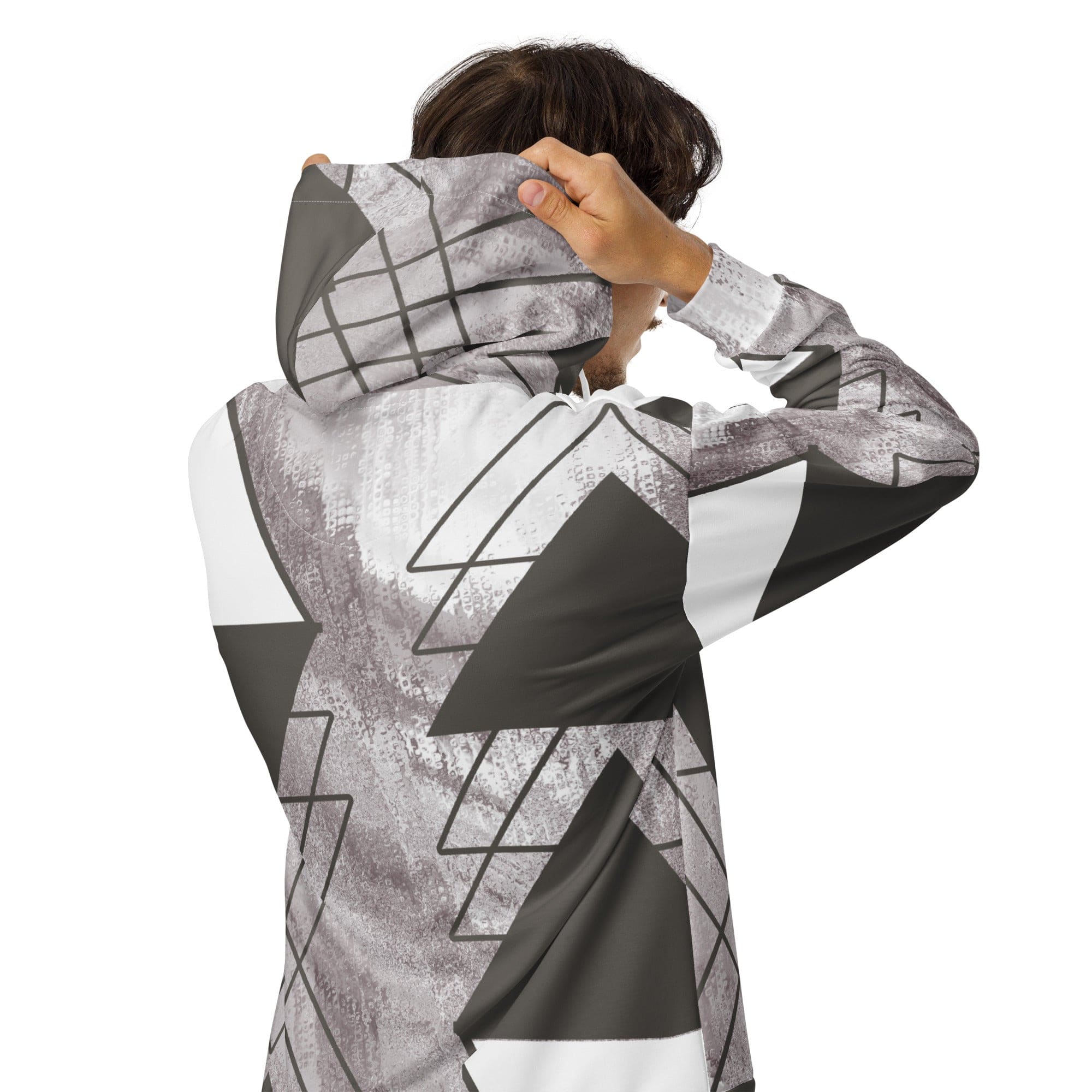 Mens Full Zip Graphic Hoodie in Ash Grey and White Triangular Colorblock, featuring a soft brushed fleece interior and stylish design.