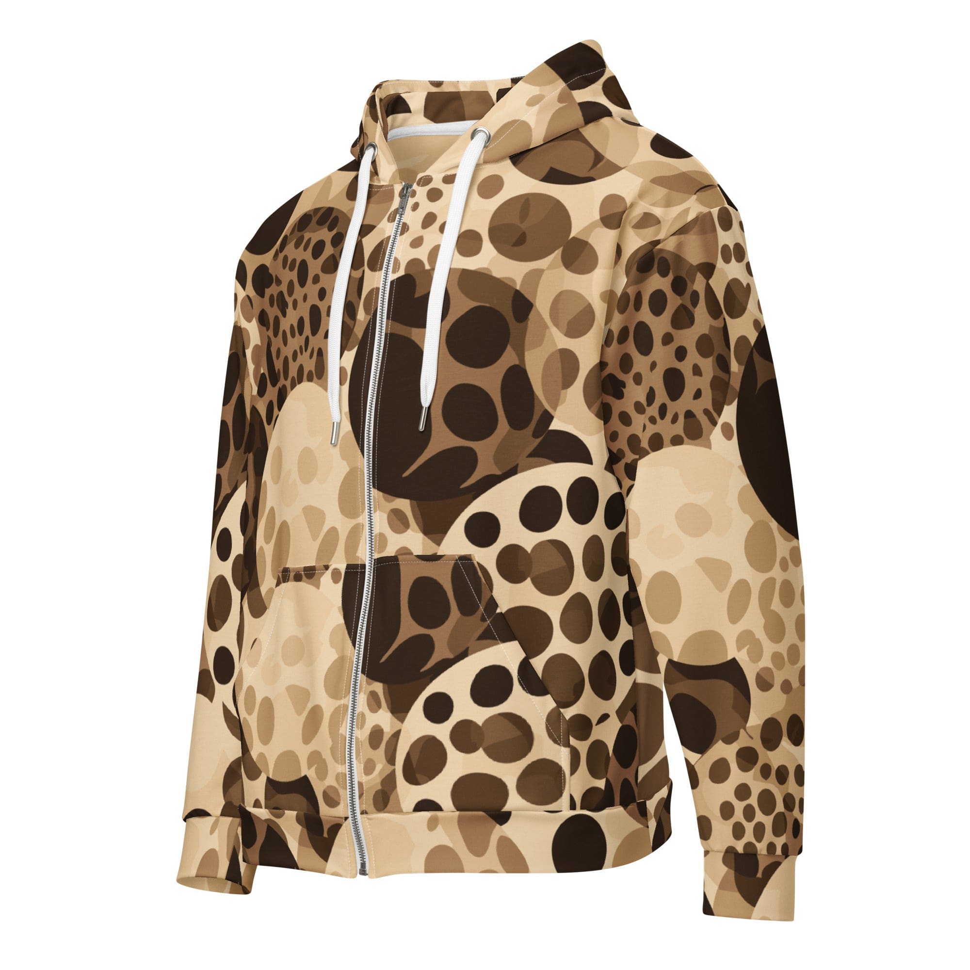 Mens Full Zip Graphic Hoodie in Beige Brown Spotted Print, featuring a soft fabric and relaxed fit design.