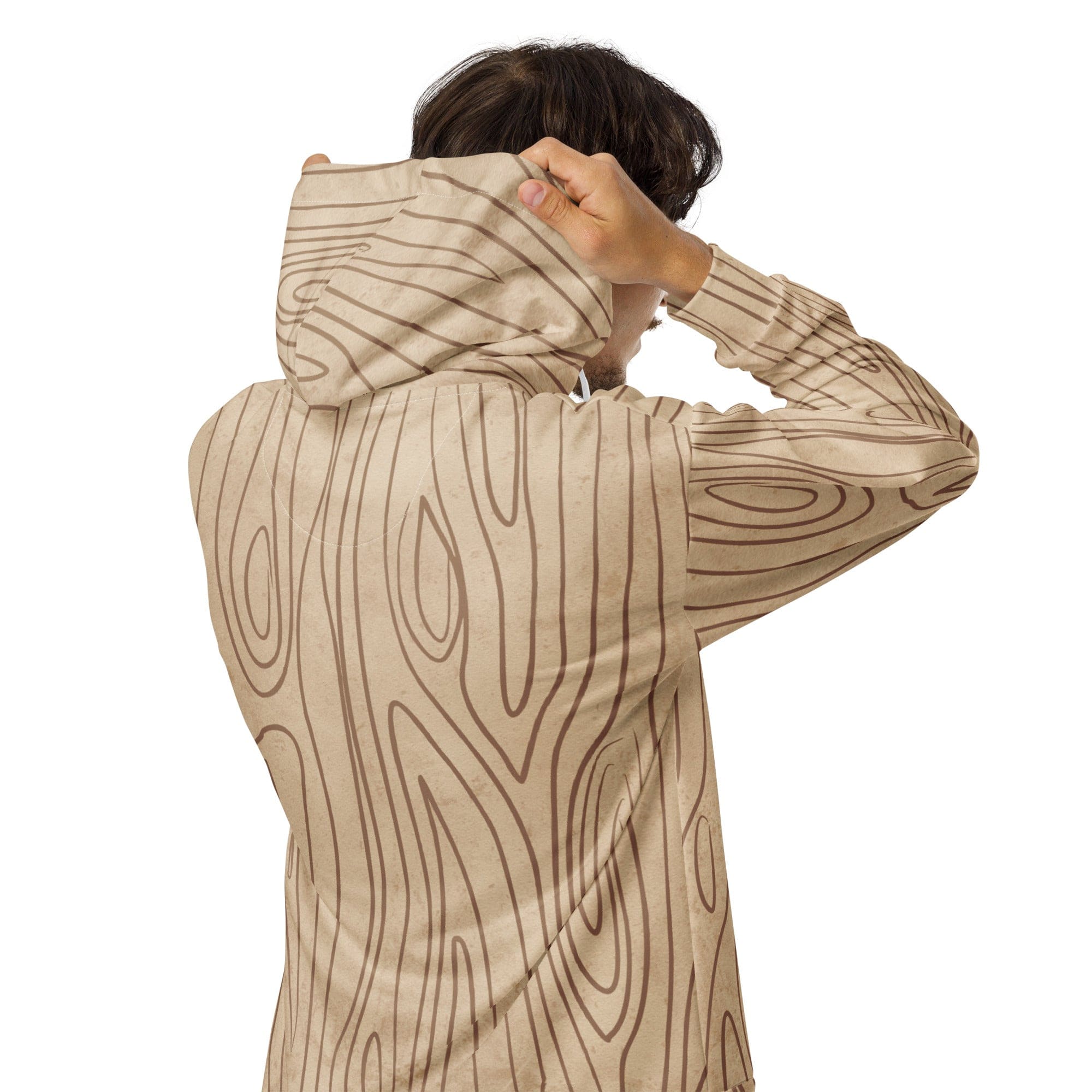 Mens Full Zip Graphic Hoodie in beige brown with tree sketch lines, showcasing a relaxed fit and double-lined hood.