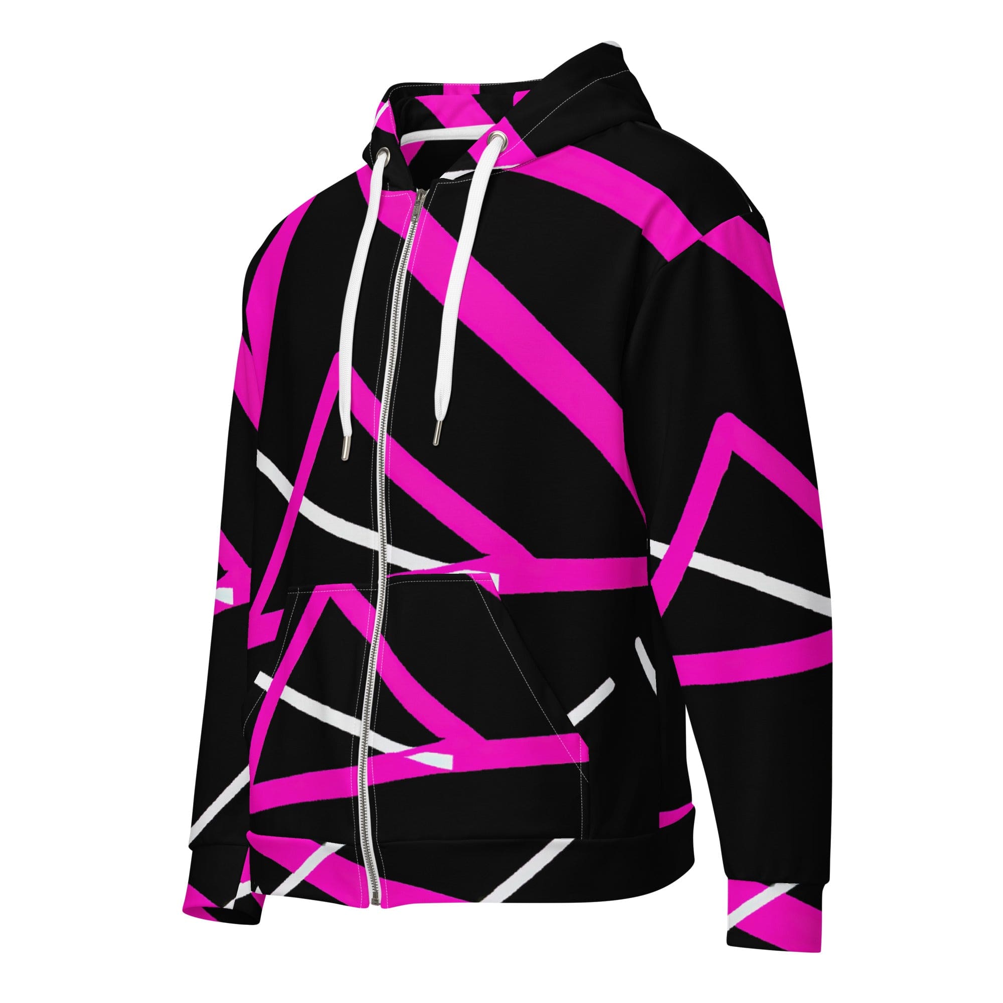 Men's Full Zip Graphic Hoodie featuring a black and pink pattern, showcasing a stylish design with a double-lined hood and metal zipper details.