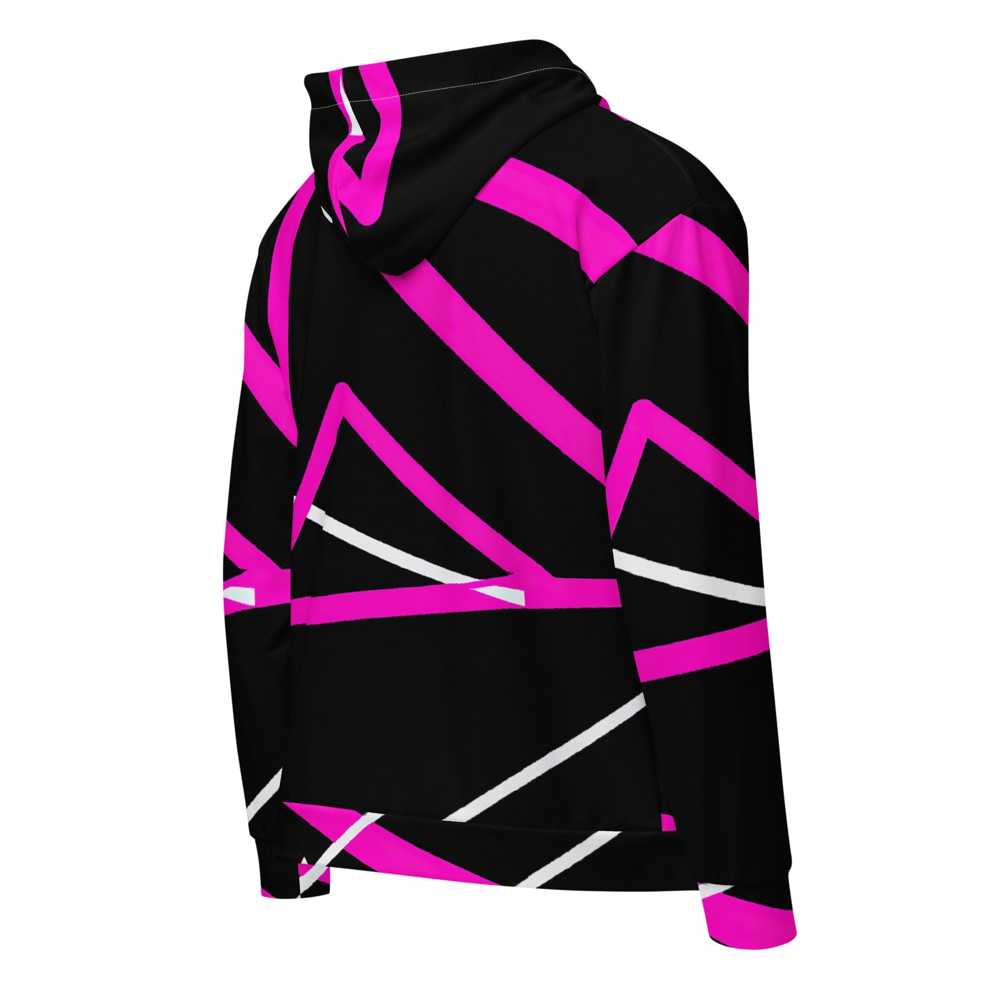 Men's Full Zip Graphic Hoodie featuring a black and pink pattern, showcasing a stylish design with a double-lined hood and metal zipper details.