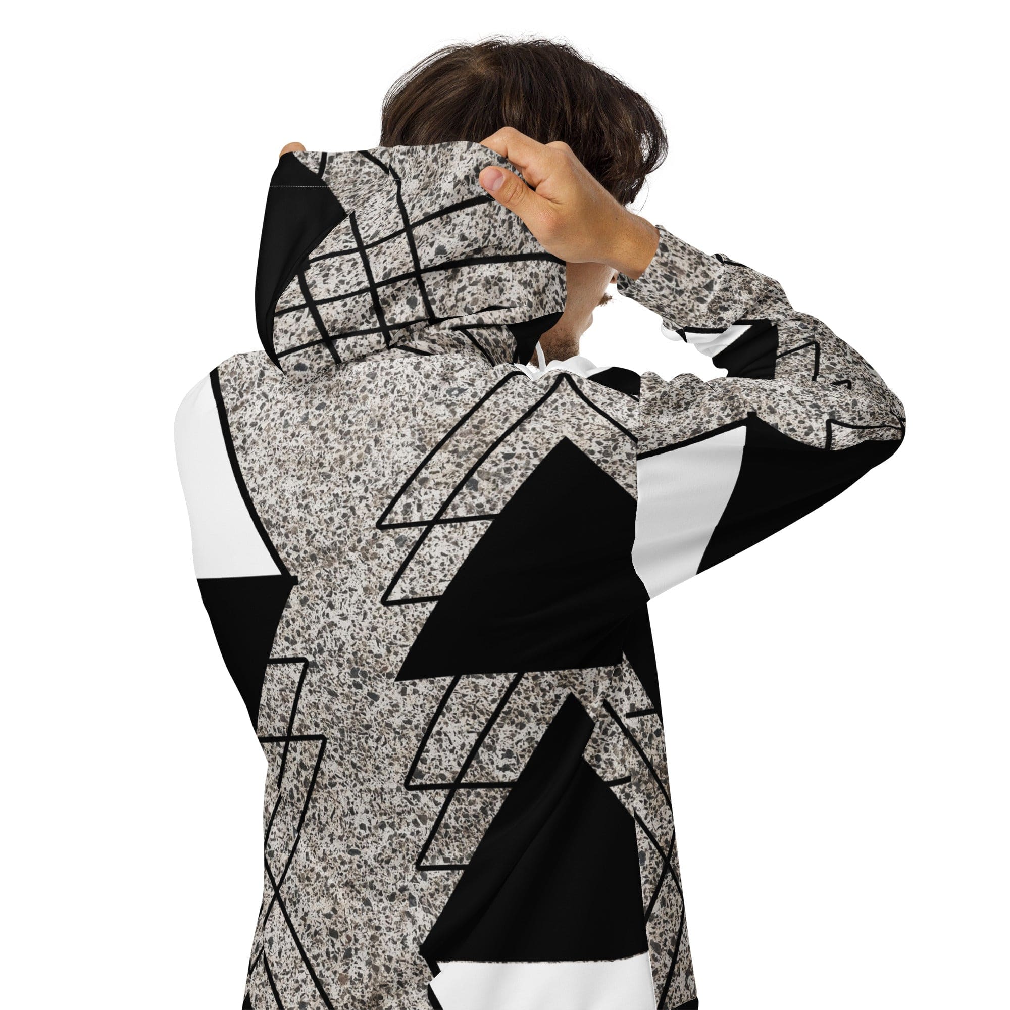 Mens Full Zip Graphic Hoodie featuring a black and white triangular colorblock design, showcasing its soft fabric and relaxed fit.