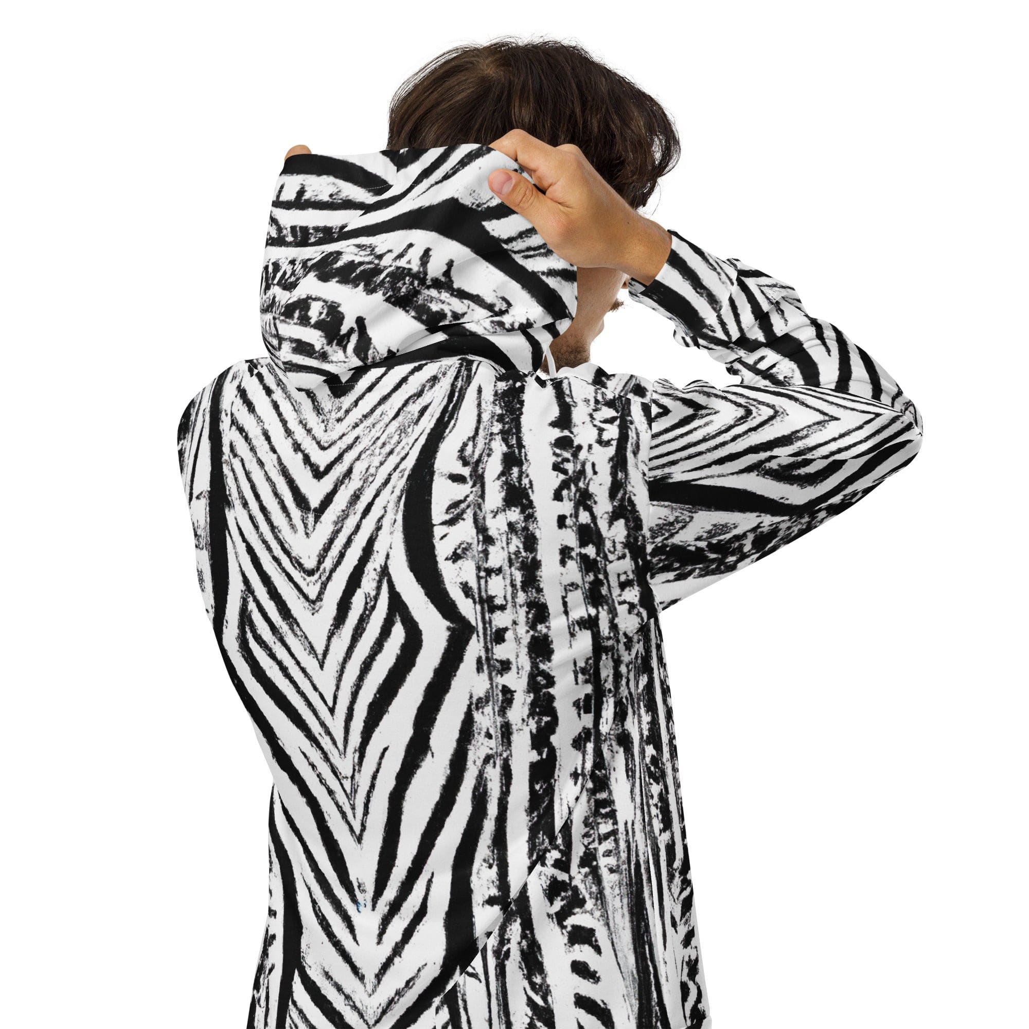 Mens Full Zip Graphic Hoodie featuring a black and white native print, showcasing a relaxed fit and double-lined hood.