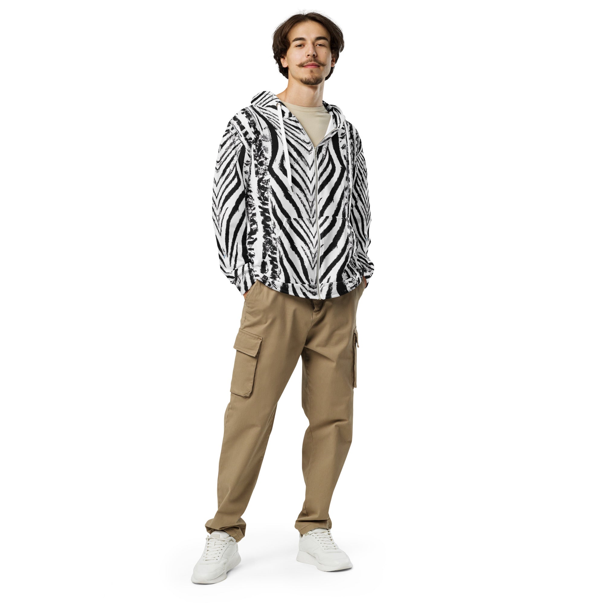 Mens Full Zip Graphic Hoodie featuring a black and white native print, showcasing a relaxed fit and double-lined hood.