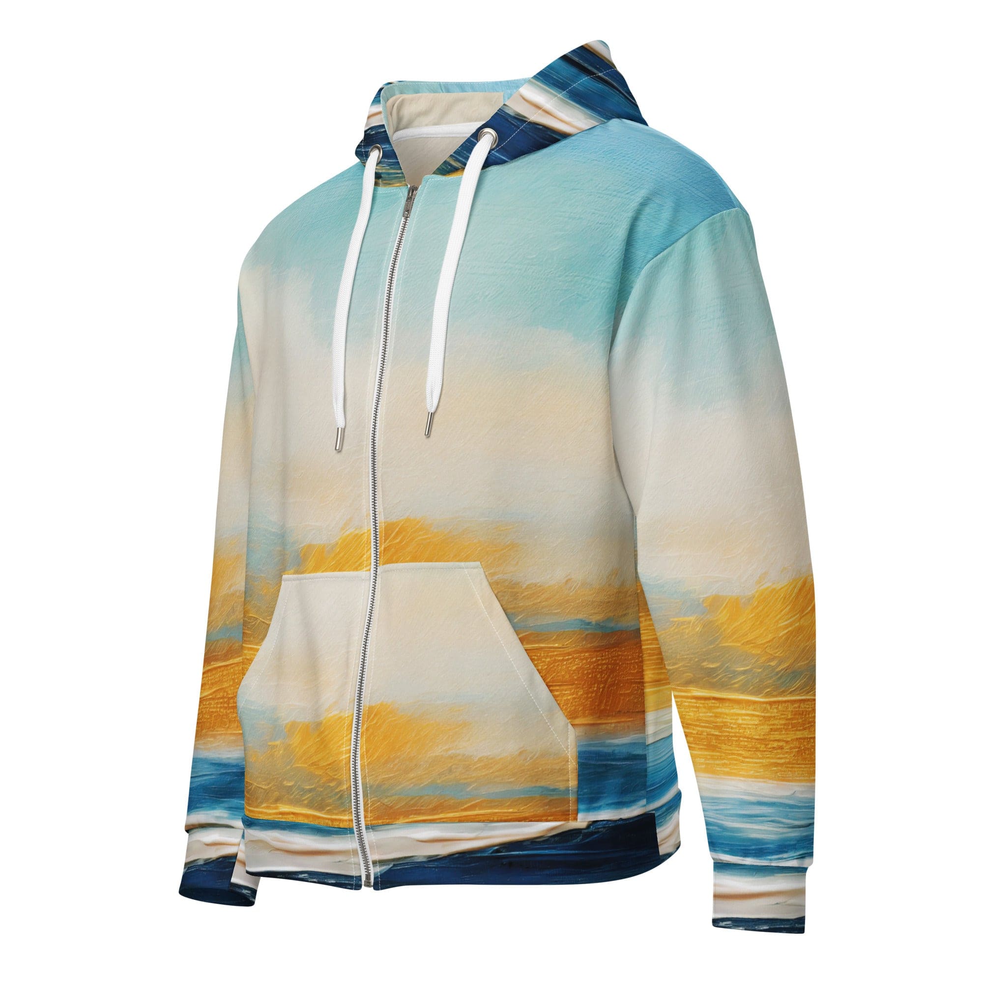 Mens Full Zip Graphic Hoodie featuring a Blue Ocean Golden Sunset Print, showcasing a relaxed fit and stylish design.