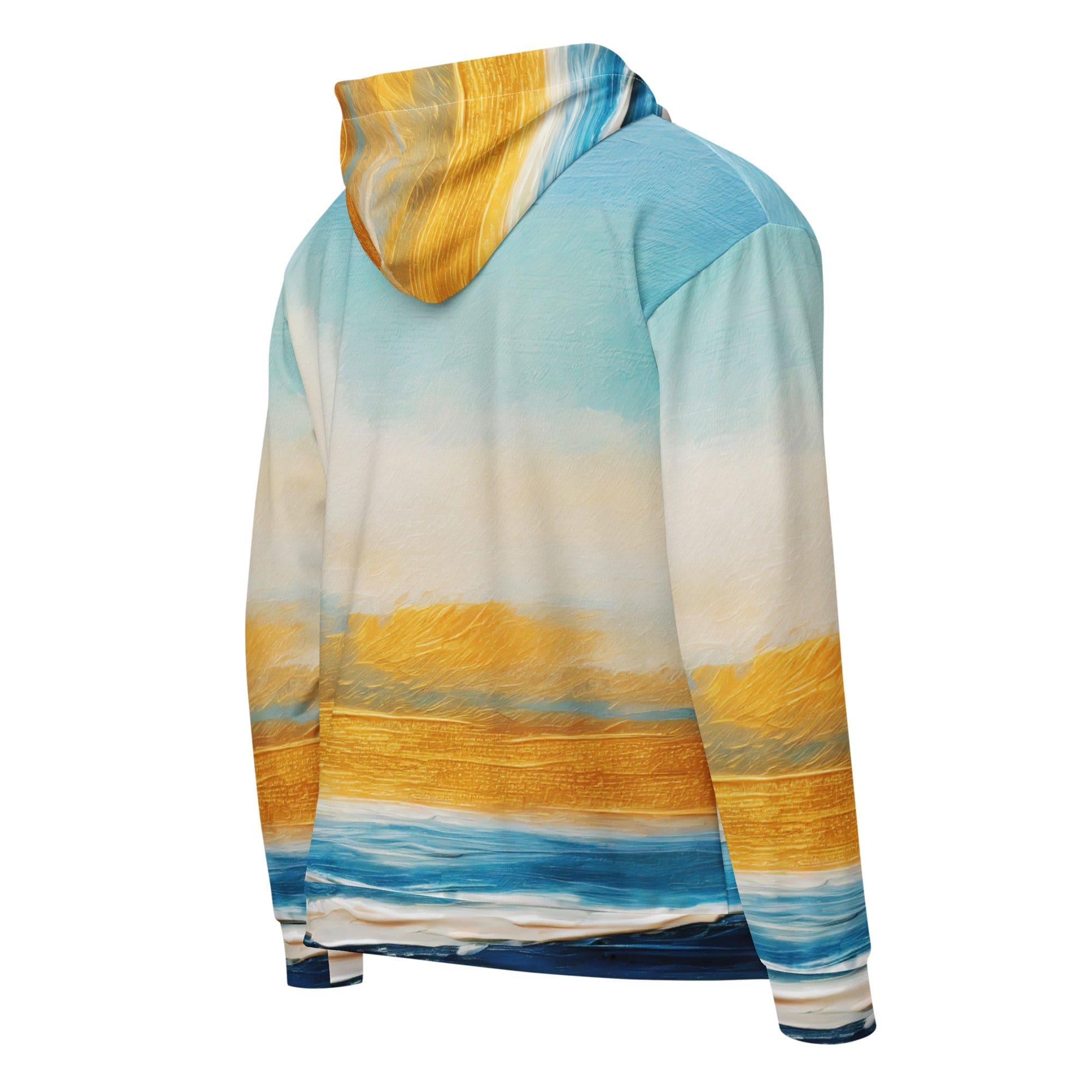 Mens Full Zip Graphic Hoodie featuring a Blue Ocean Golden Sunset Print, showcasing a relaxed fit and stylish design.