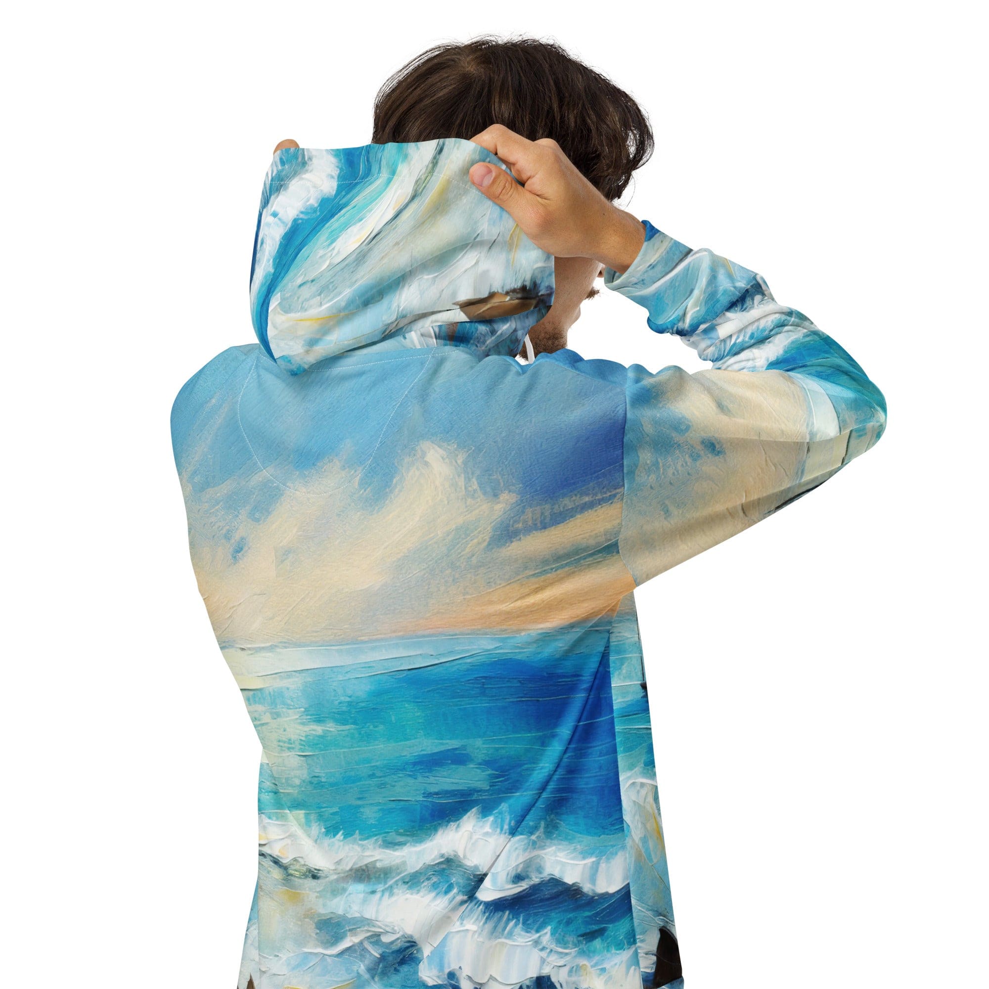 Mens Full Zip Graphic Hoodie featuring a Blue Ocean Print, showcasing its soft fabric and relaxed fit design.