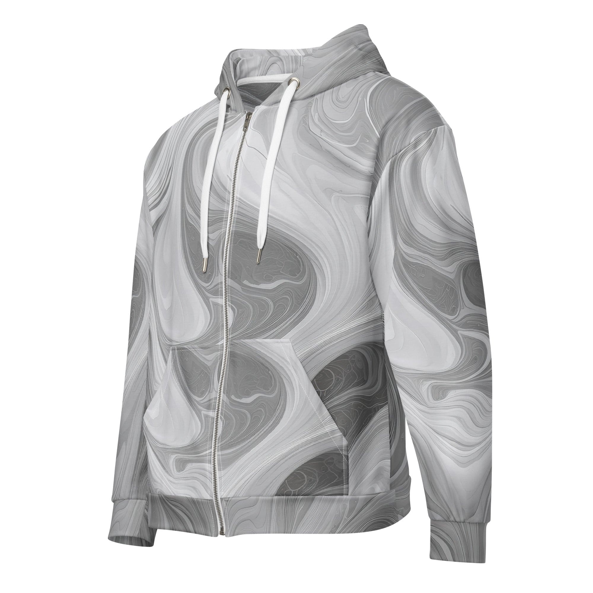 Mens Full Zip Graphic Hoodie featuring a Boho Marble Pattern in white and grey, showcasing its soft fabric and stylish design.