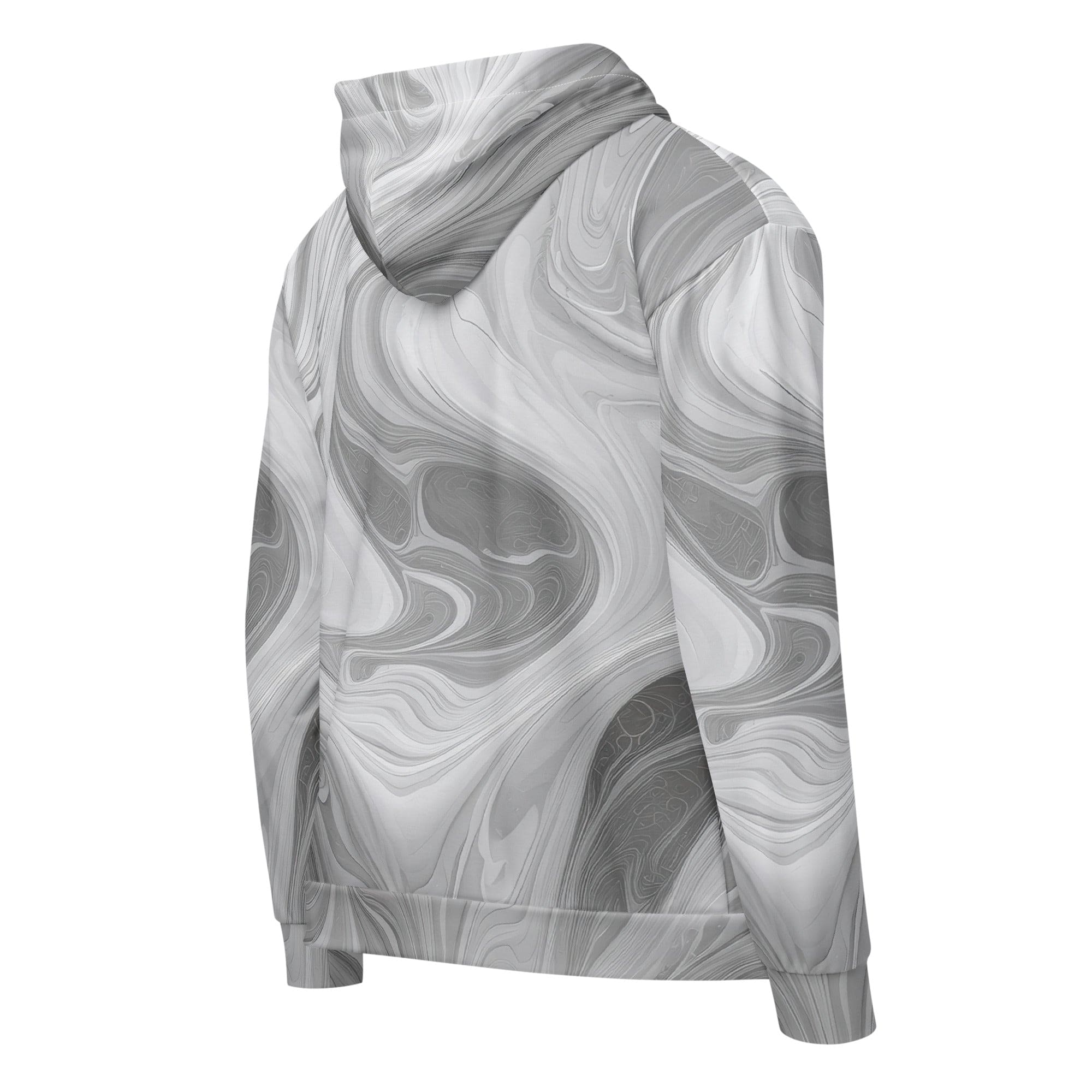 Mens Full Zip Graphic Hoodie featuring a Boho Marble Pattern in white and grey, showcasing its soft fabric and stylish design.