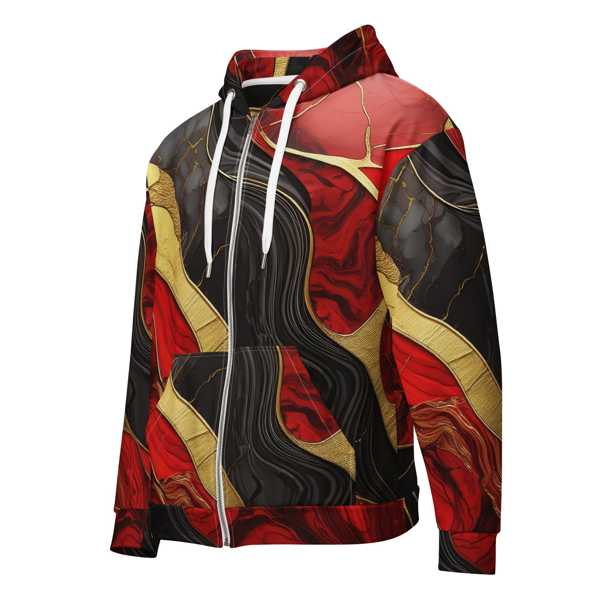 Mens Full Zip Graphic Hoodie featuring bold red and gold tones print, showcasing a relaxed fit and double-lined hood.