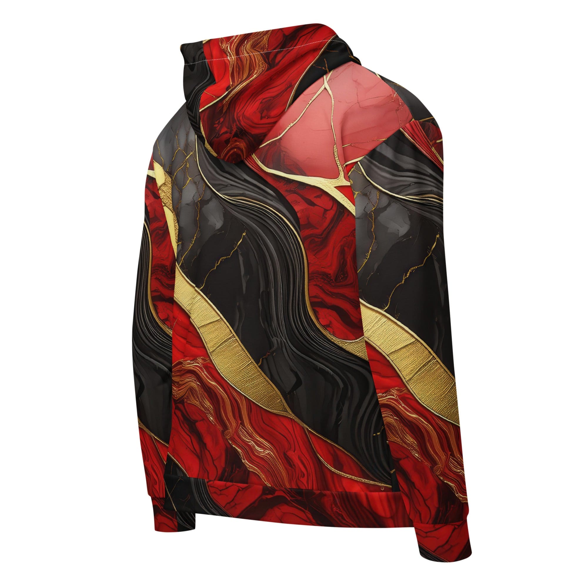 Mens Full Zip Graphic Hoodie featuring bold red and gold tones print, showcasing a relaxed fit and double-lined hood.