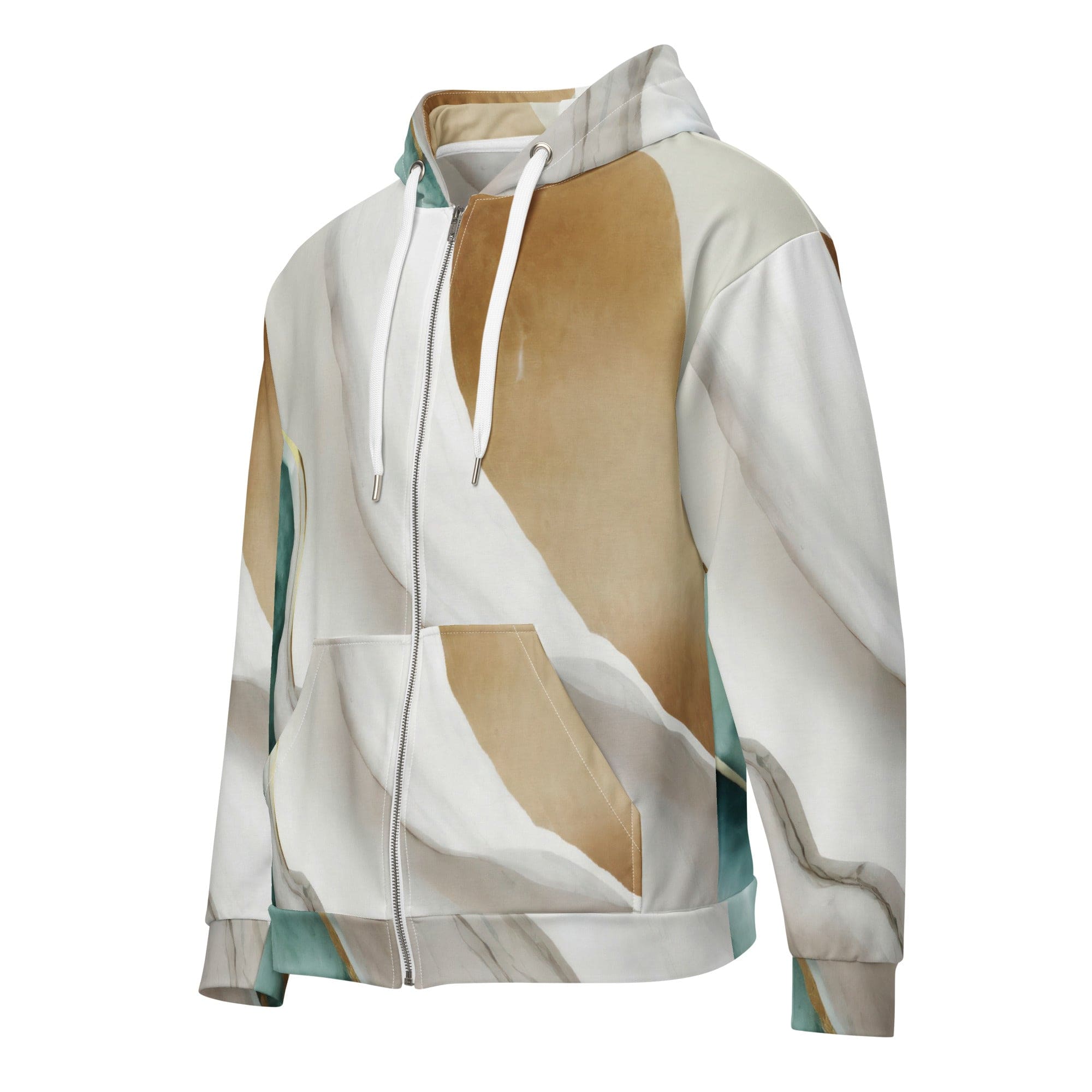 Mens Full Zip Graphic Hoodie in Cream White Green Marbled Print, showcasing its soft fabric and stylish design.