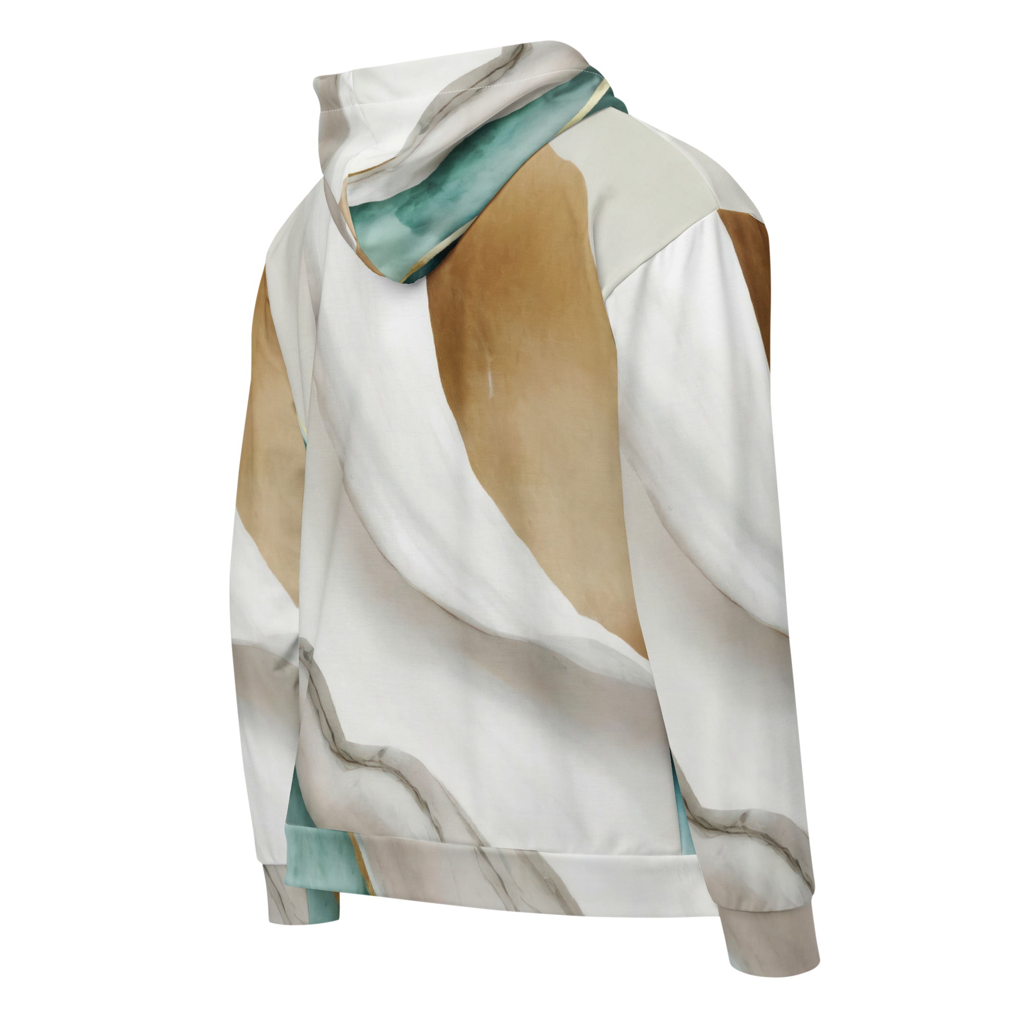 Mens Full Zip Graphic Hoodie in Cream White Green Marbled Print, showcasing its soft fabric and stylish design.