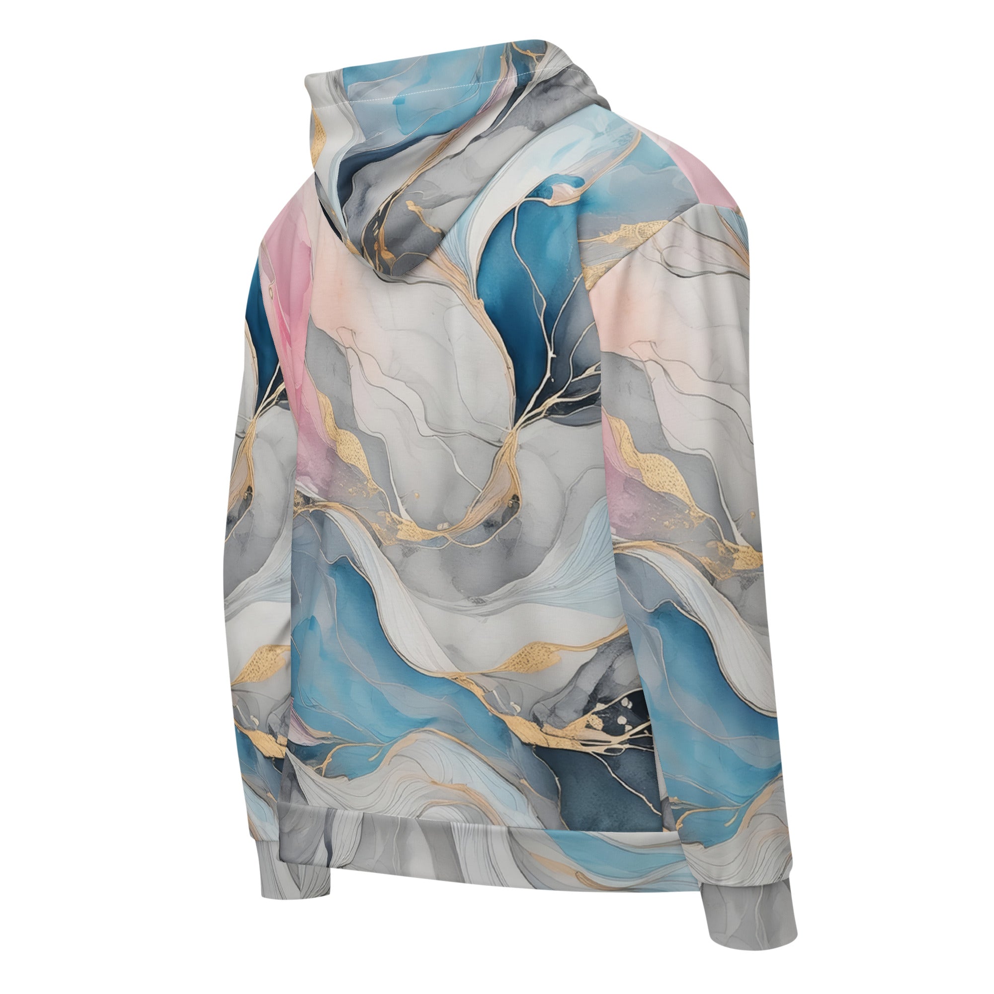 Mens Full Zip Graphic Hoodie in Marble Cloud of Grey Pink Blue, showcasing its soft fabric and stylish design.