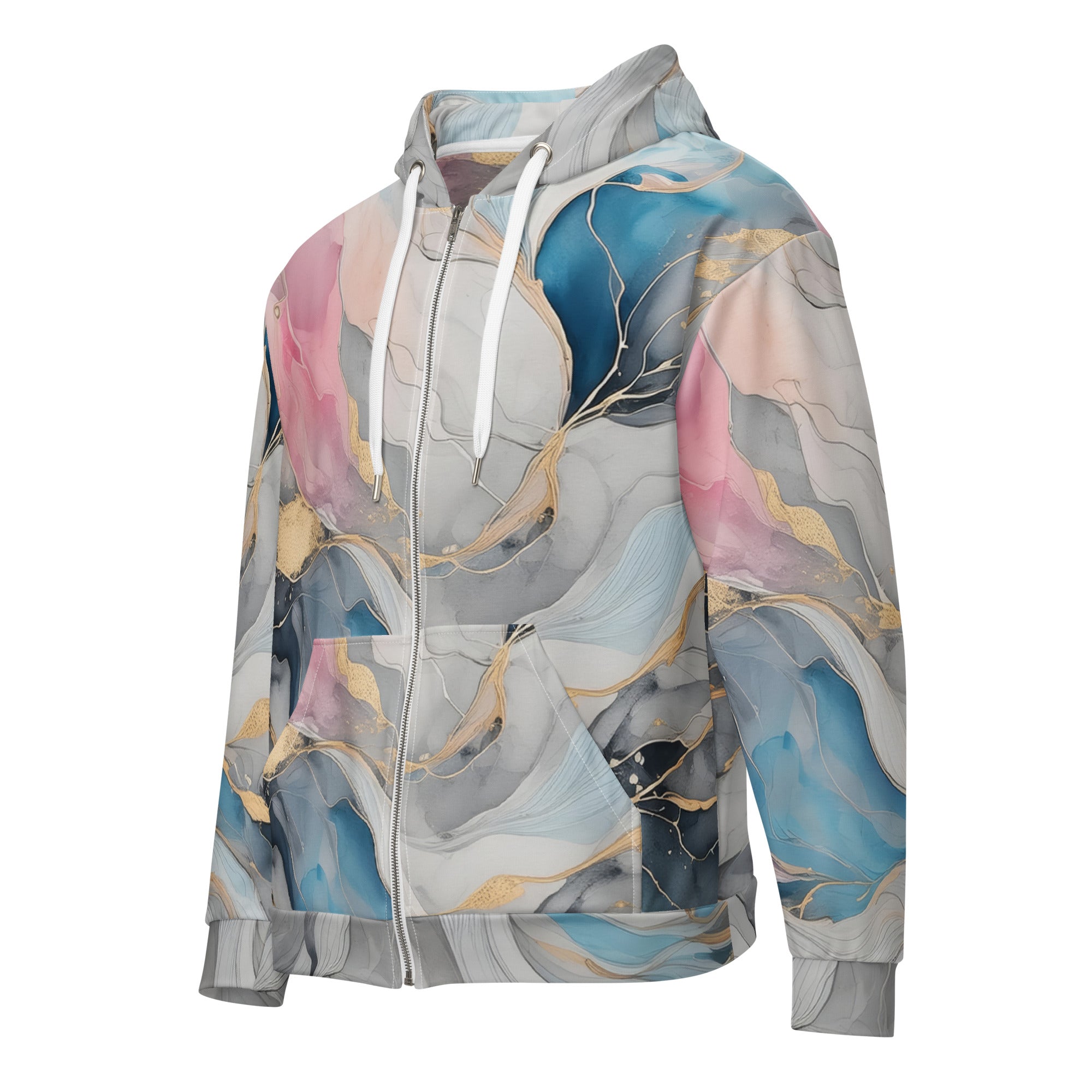 Mens Full Zip Graphic Hoodie in Marble Cloud of Grey Pink Blue, showcasing its soft fabric and stylish design.