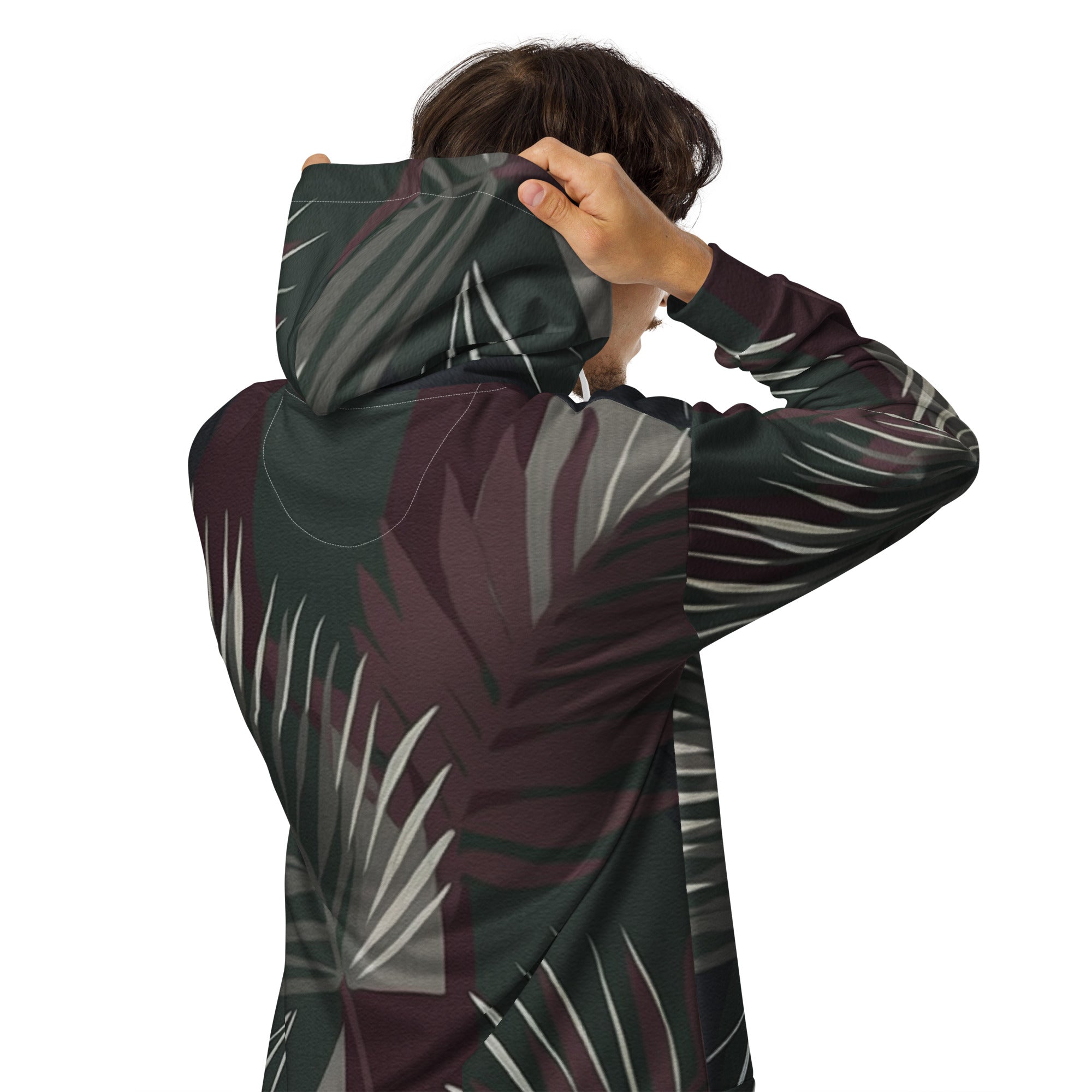 Mens Full Zip Graphic Hoodie in maroon and green with palm tree leaves design, showcasing a relaxed fit and soft fabric.