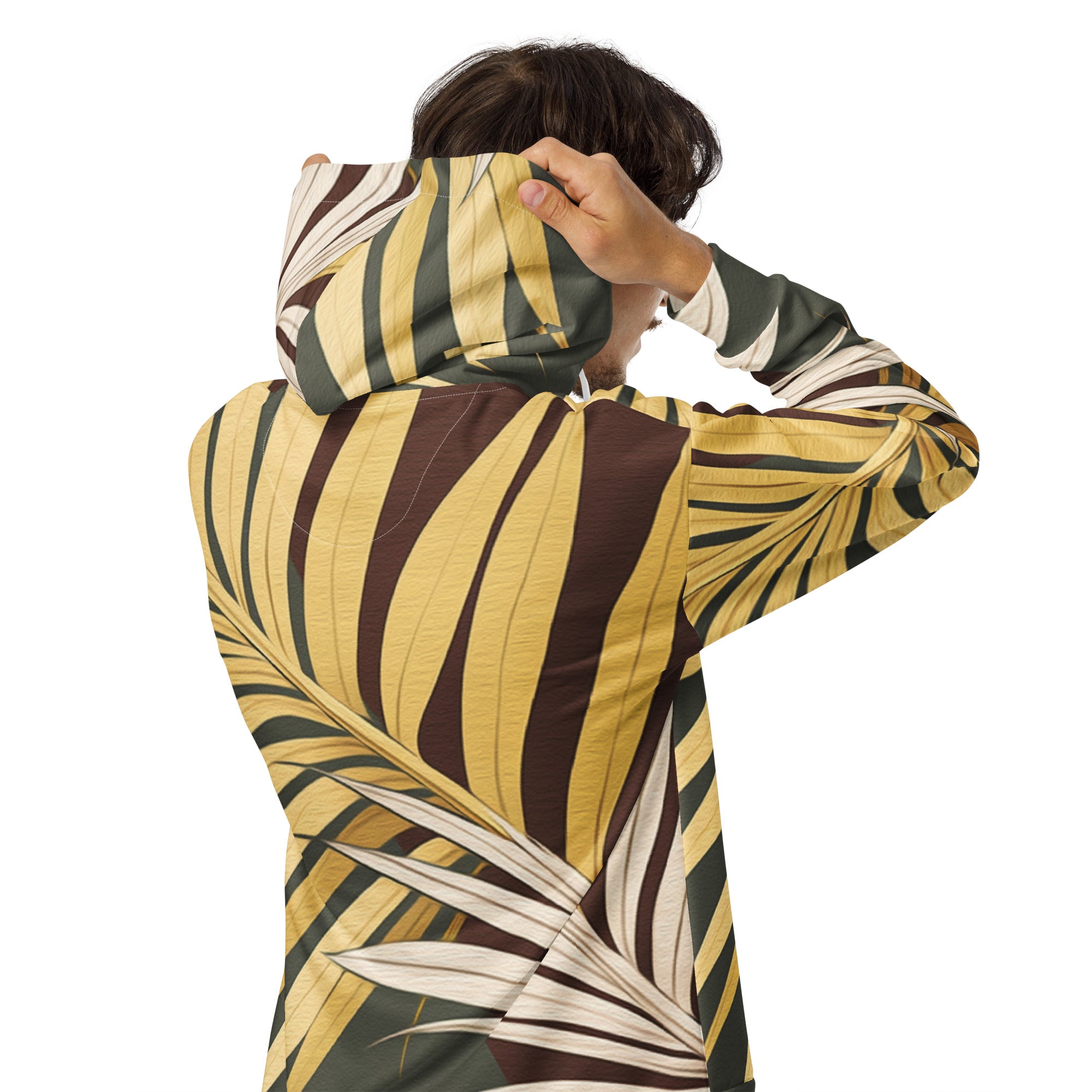 Men's Full Zip Graphic Hoodie with Palm Tree Leaves Pattern, showcasing a vibrant design and soft fabric.