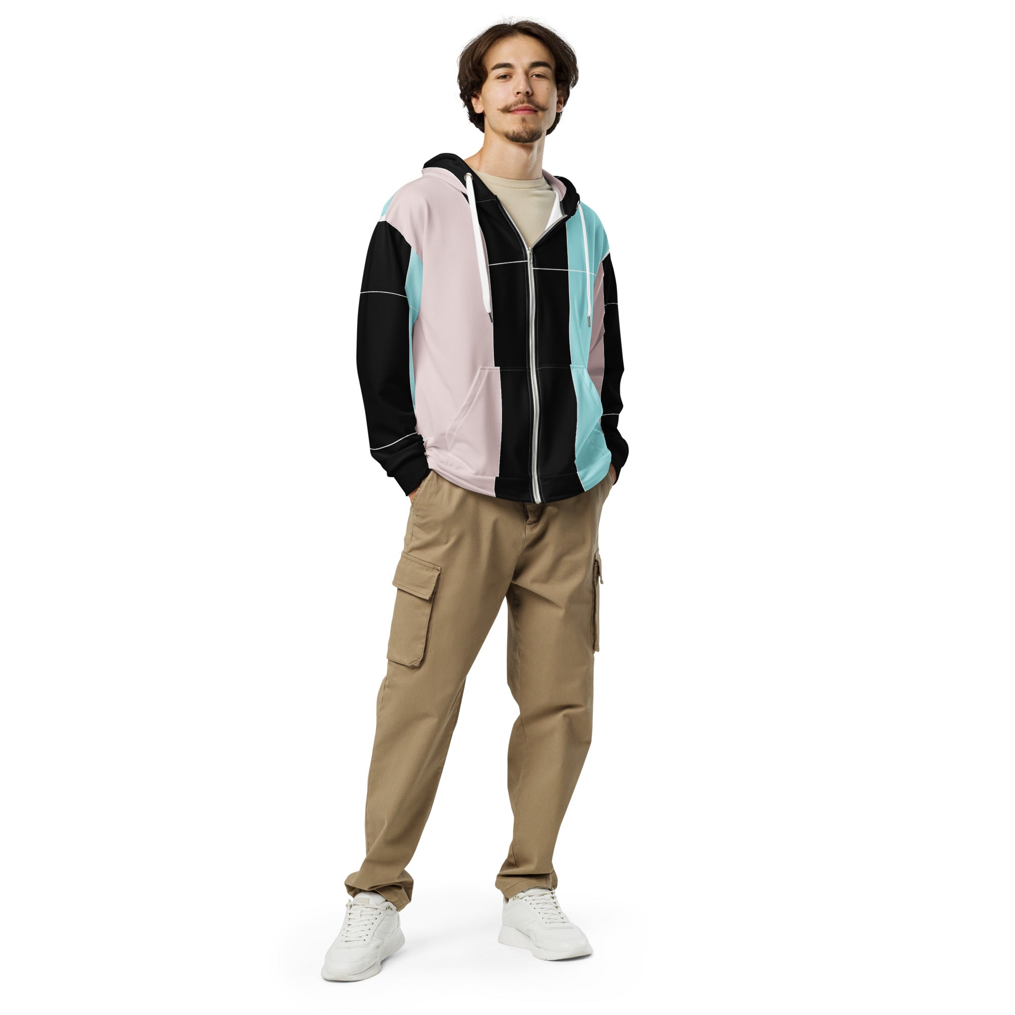 Mens Full Zip Graphic Hoodie featuring pastel colorblock design in pink, black, and blue, showcasing a relaxed fit and double-lined hood.