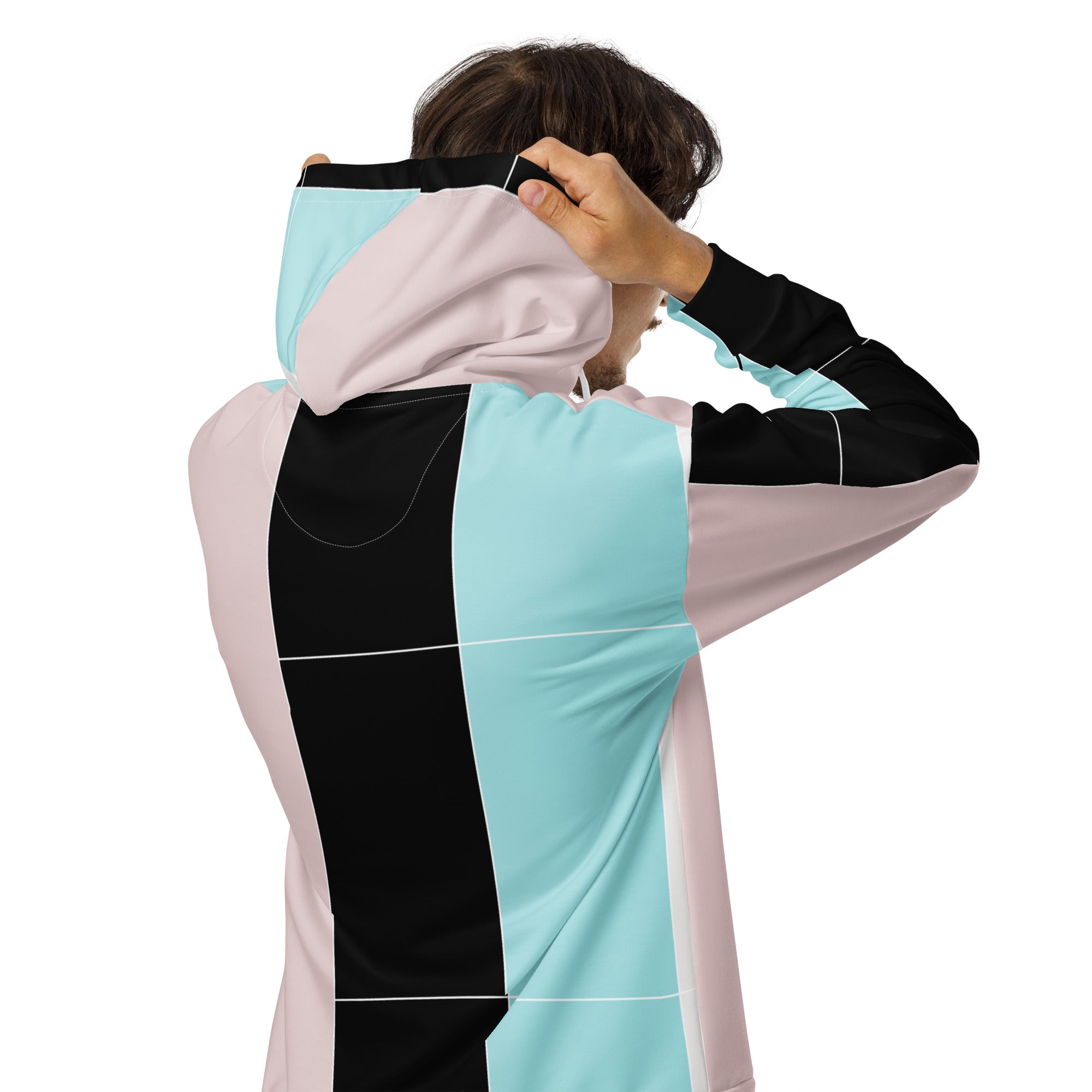 Mens Full Zip Graphic Hoodie featuring pastel colorblock design in pink, black, and blue, showcasing a relaxed fit and double-lined hood.